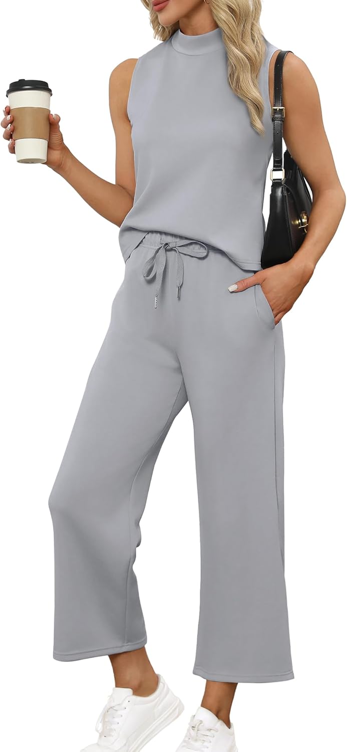 SAMPEEL Two Piece Sets for Women Summer Outfits Lounge Sets Mock Neck Tops Wide Leg Crop Pants Vacation Travel Outfits