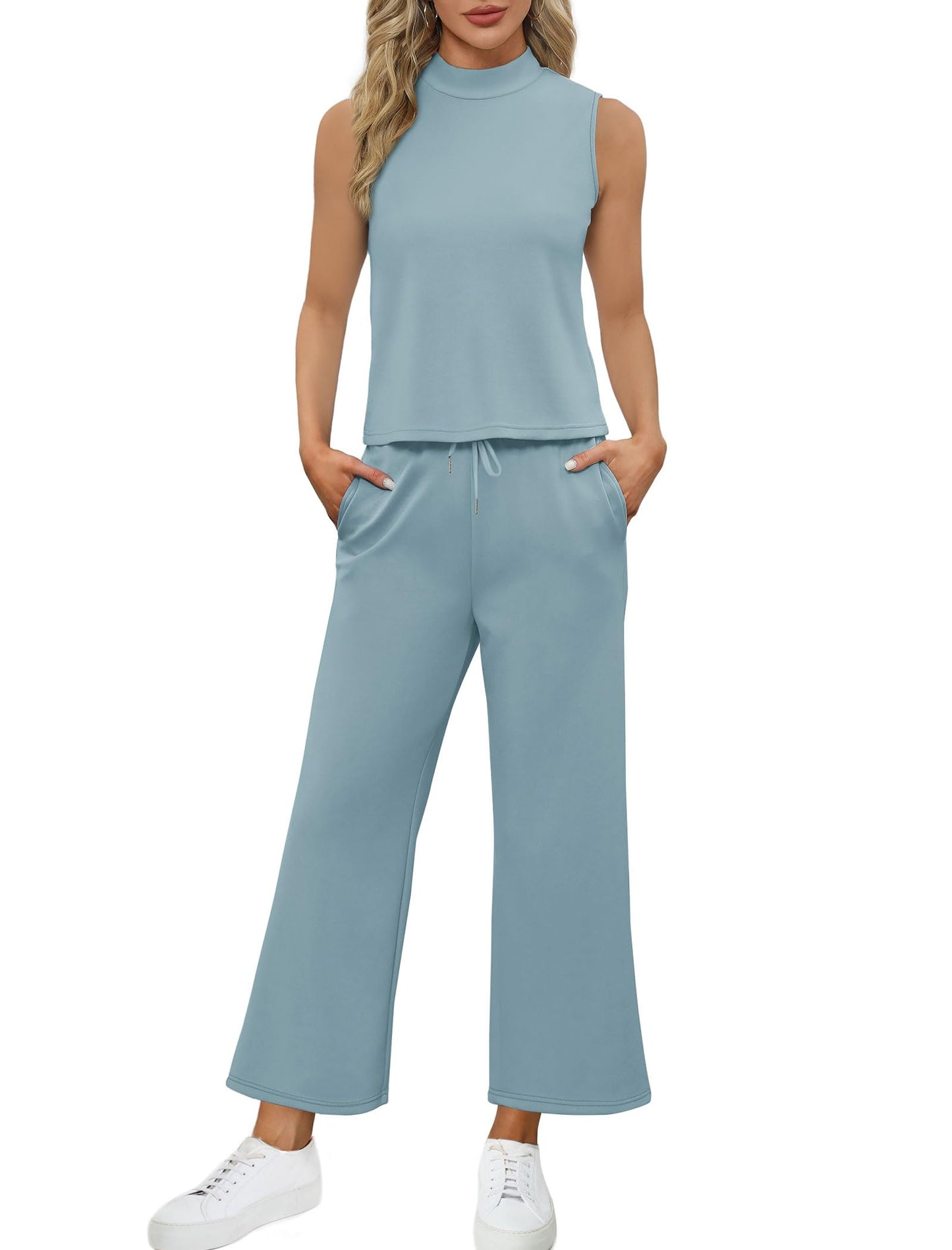 SAMPEEL Two Piece Sets for Women Summer Outfits Lounge Sets Mock Neck Tops Wide Leg Crop Pants Vacation Travel Outfits