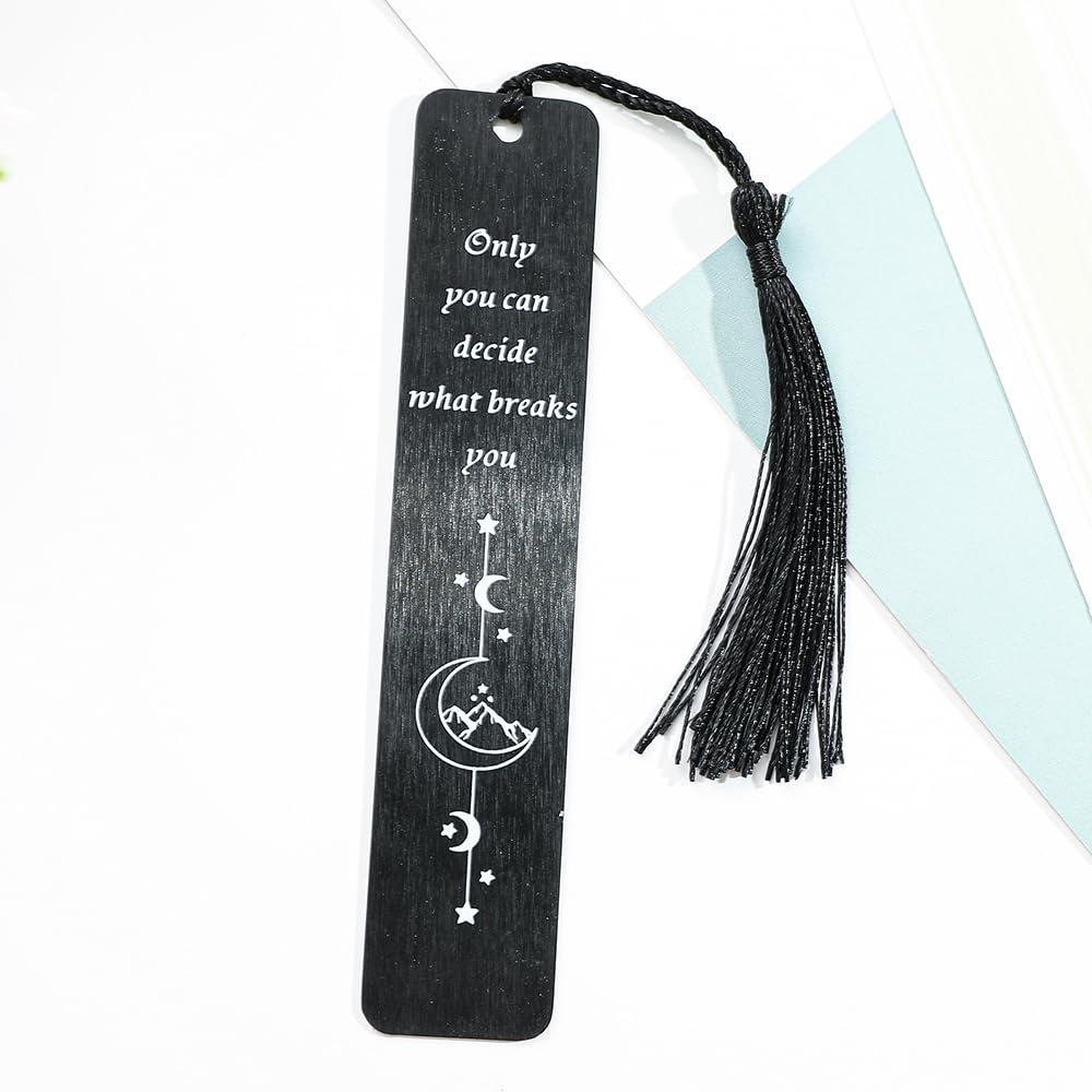 Stainless Steel Acotar Bookmark with Tassel, Acotar Inspirational Creative Moon Mountains Text Book Marks for Reading Women Men Collection, Books Accessories (Silver 1 Side Style 1)