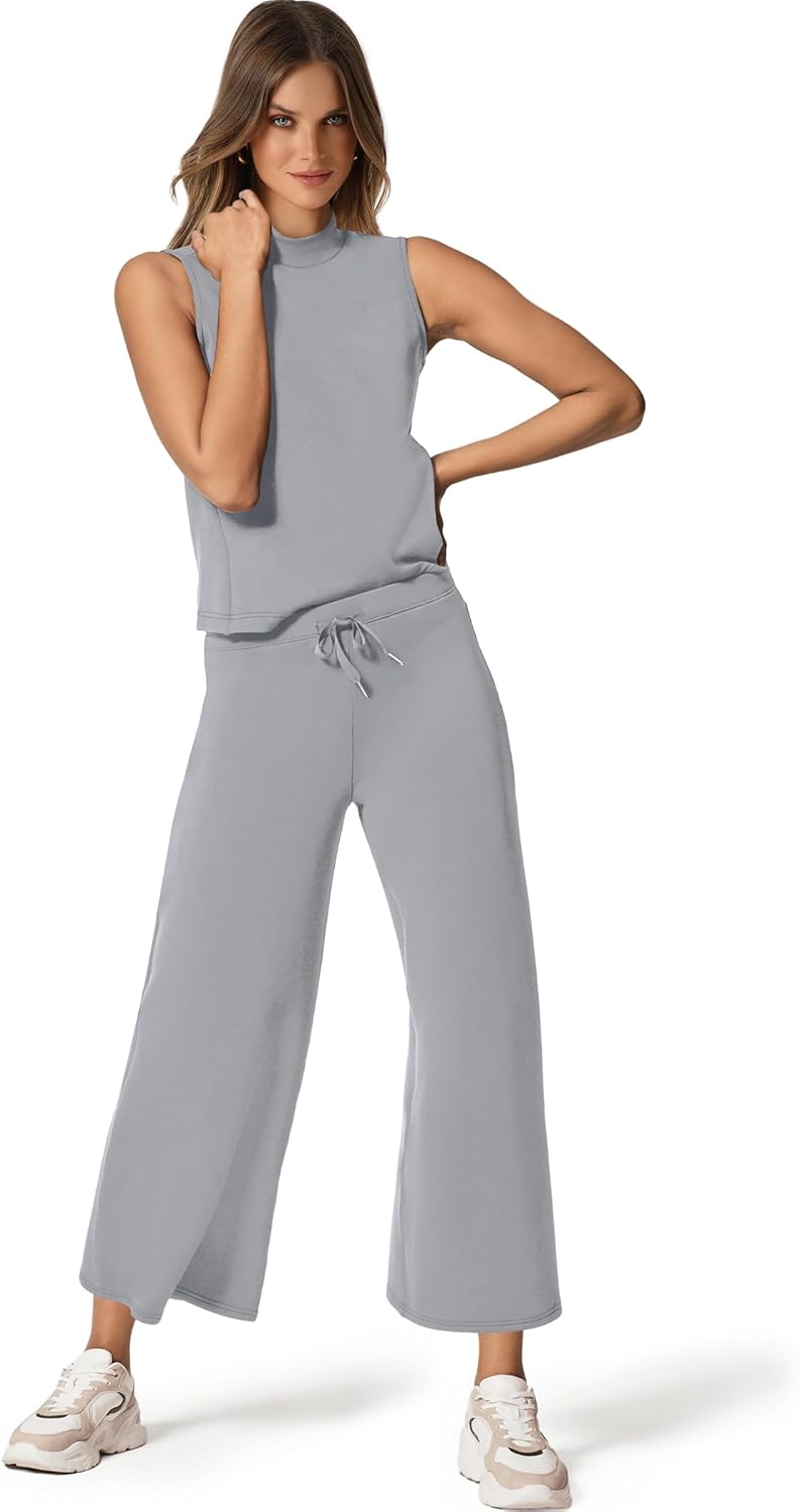 SAMPEEL Two Piece Sets for Women Summer Outfits Lounge Sets Mock Neck Tops Wide Leg Crop Pants Vacation Travel Outfits
