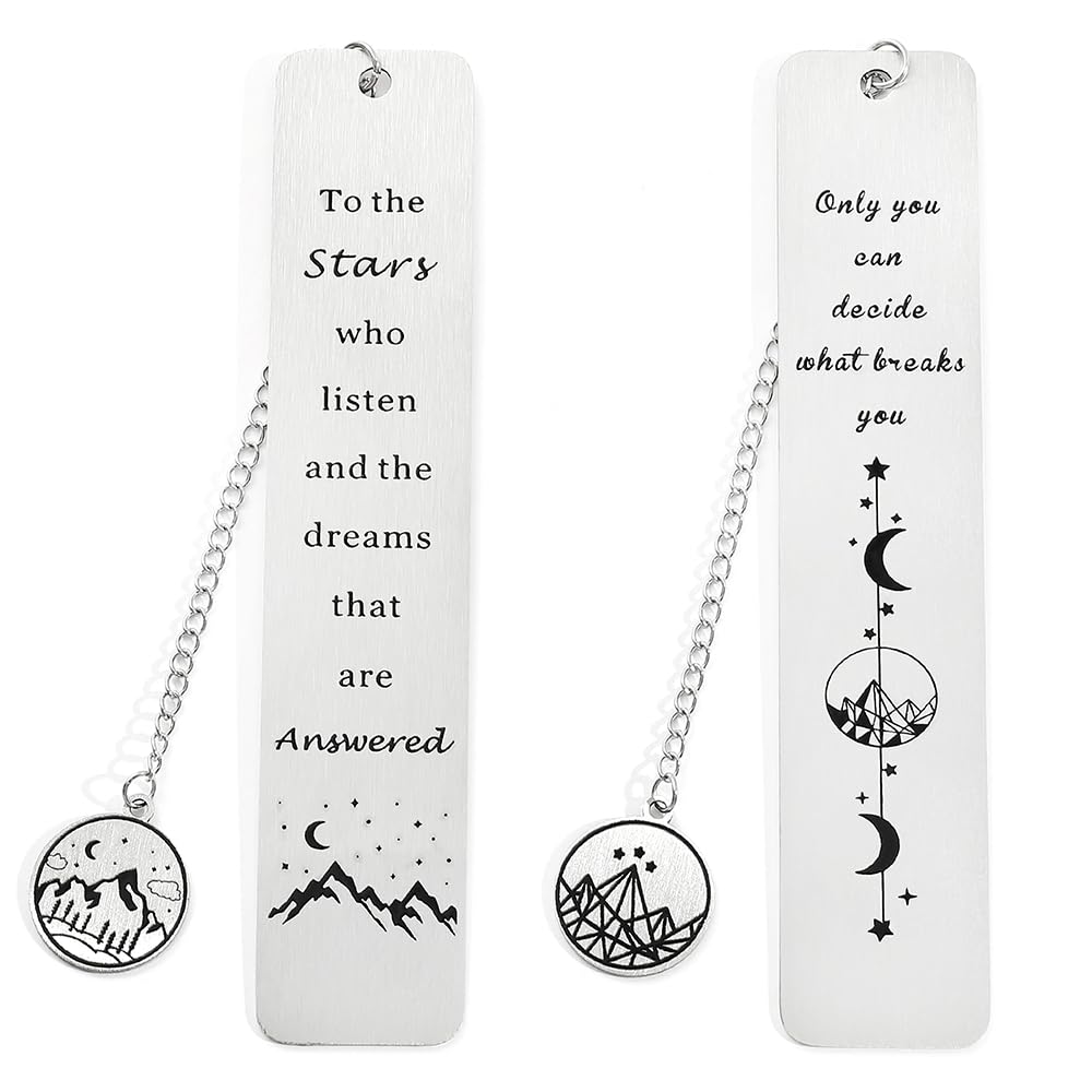 Stainless Steel Acotar Bookmark with Tassel, Acotar Inspirational Creative Moon Mountains Text Book Marks for Reading Women Men Collection, Books Accessories (Silver 1 Side Style 1)