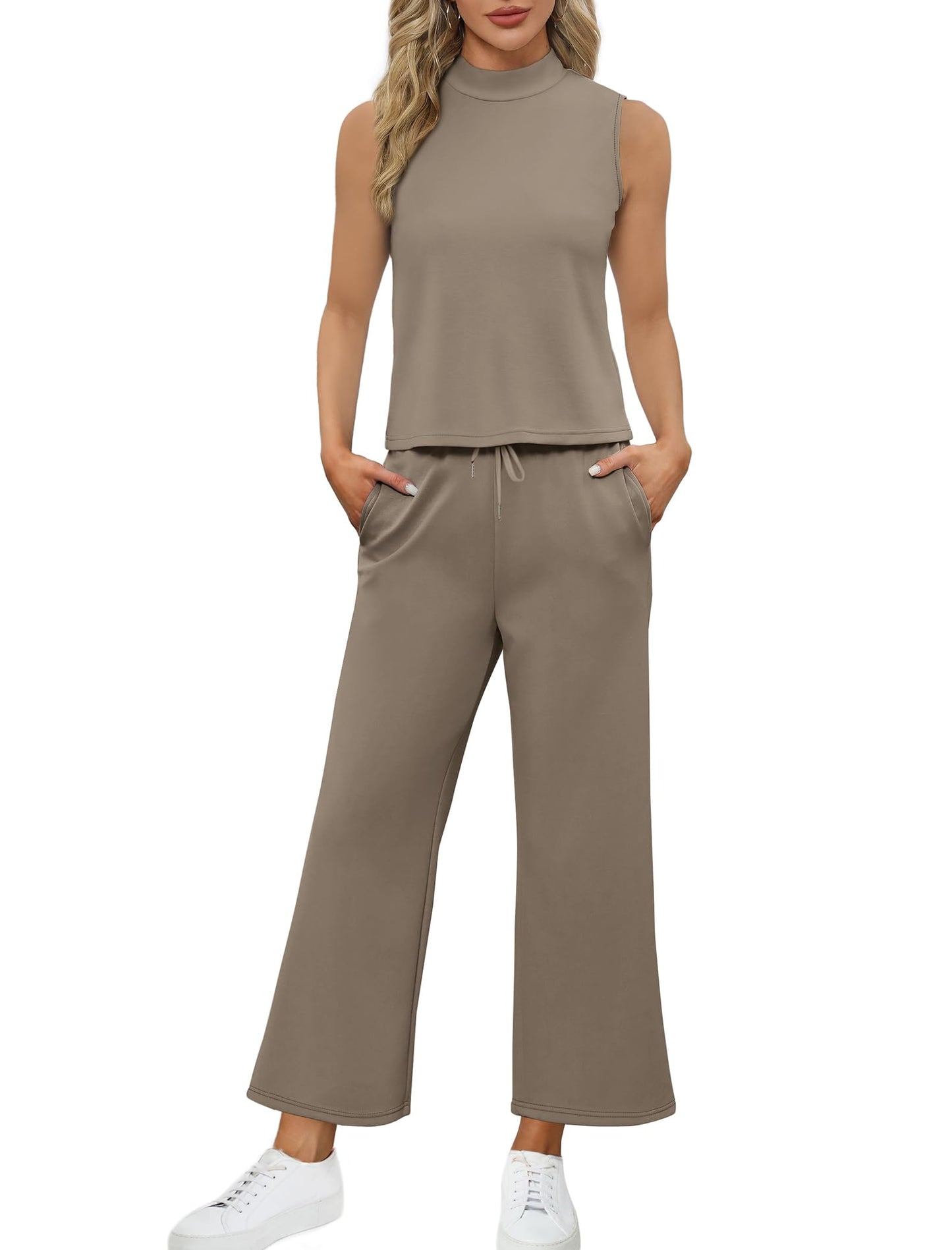 SAMPEEL Two Piece Sets for Women Summer Outfits Lounge Sets Mock Neck Tops Wide Leg Crop Pants Vacation Travel Outfits