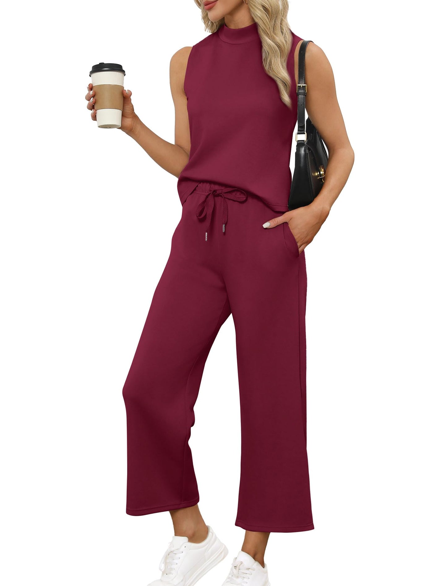 SAMPEEL Two Piece Sets for Women Summer Outfits Lounge Sets Mock Neck Tops Wide Leg Crop Pants Vacation Travel Outfits