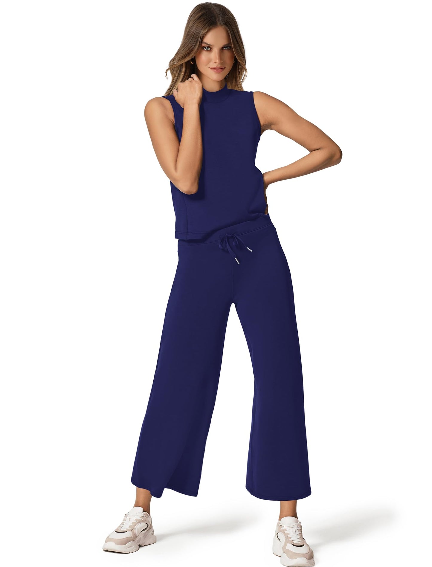 SAMPEEL Two Piece Sets for Women Summer Outfits Lounge Sets Mock Neck Tops Wide Leg Crop Pants Vacation Travel Outfits