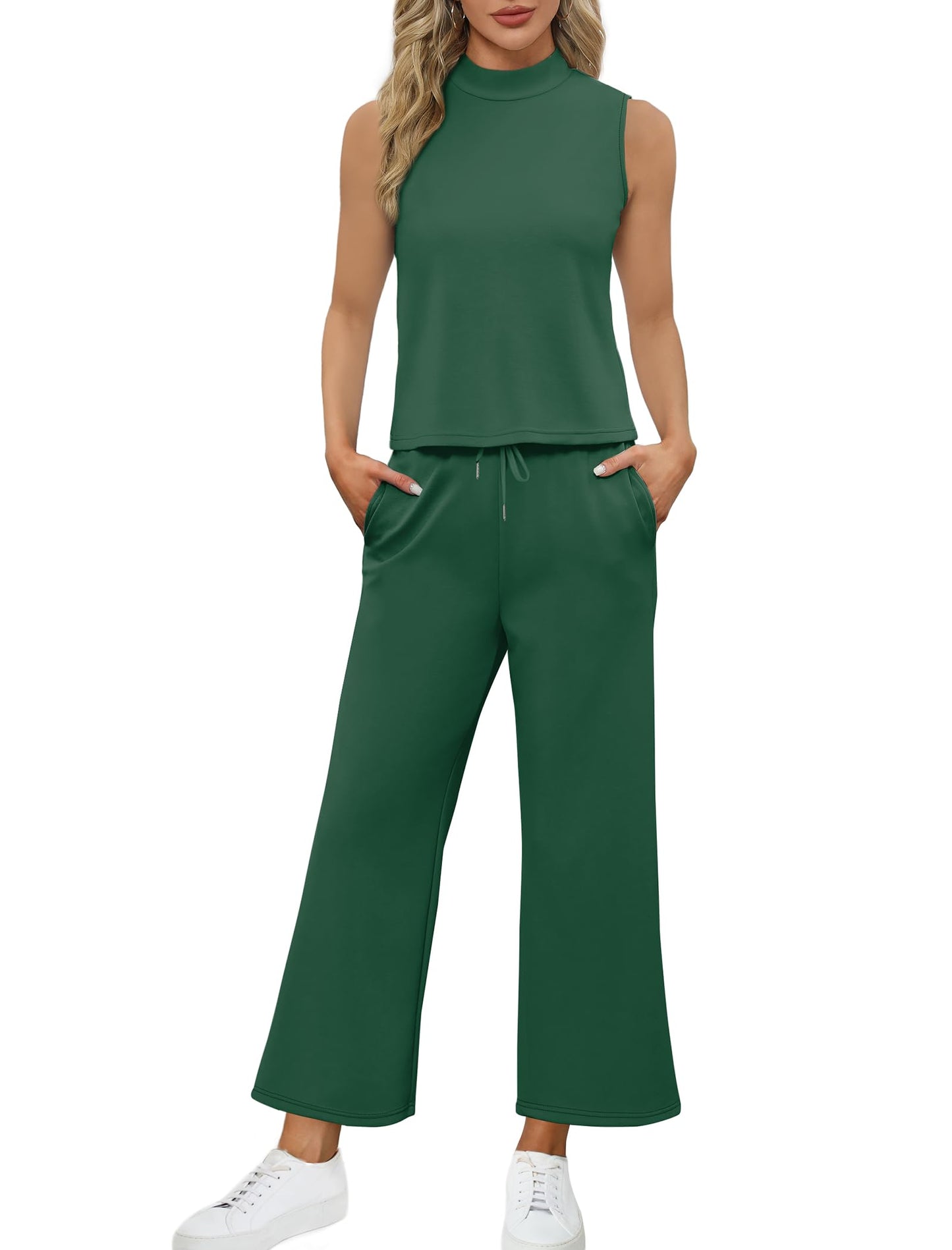 SAMPEEL Two Piece Sets for Women Summer Outfits Lounge Sets Mock Neck Tops Wide Leg Crop Pants Vacation Travel Outfits