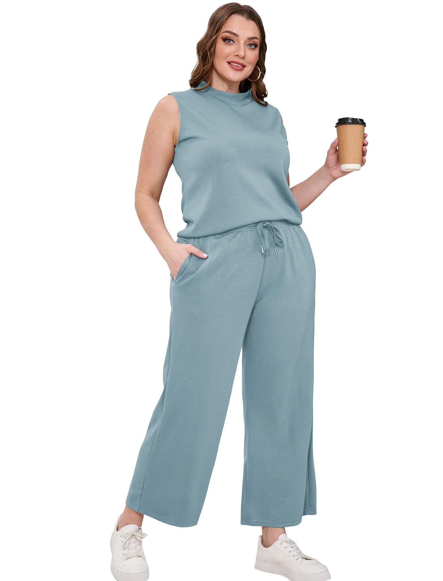 SAMPEEL Two Piece Sets for Women Summer Outfits Lounge Sets Mock Neck Tops Wide Leg Crop Pants Vacation Travel Outfits