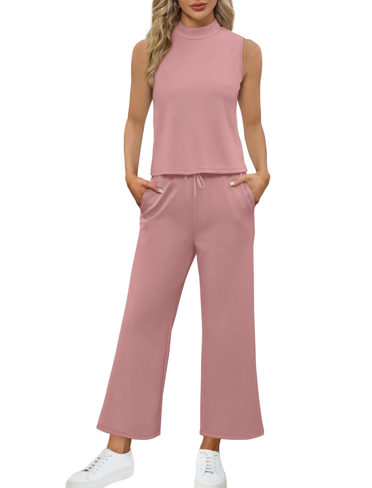 SAMPEEL Two Piece Sets for Women Summer Outfits Lounge Sets Mock Neck Tops Wide Leg Crop Pants Vacation Travel Outfits