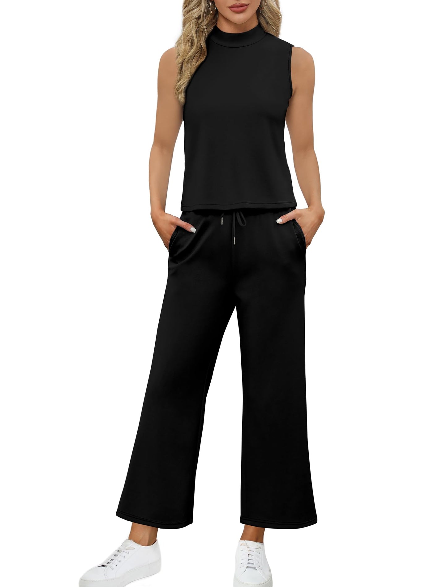 SAMPEEL Two Piece Sets for Women Summer Outfits Lounge Sets Mock Neck Tops Wide Leg Crop Pants Vacation Travel Outfits