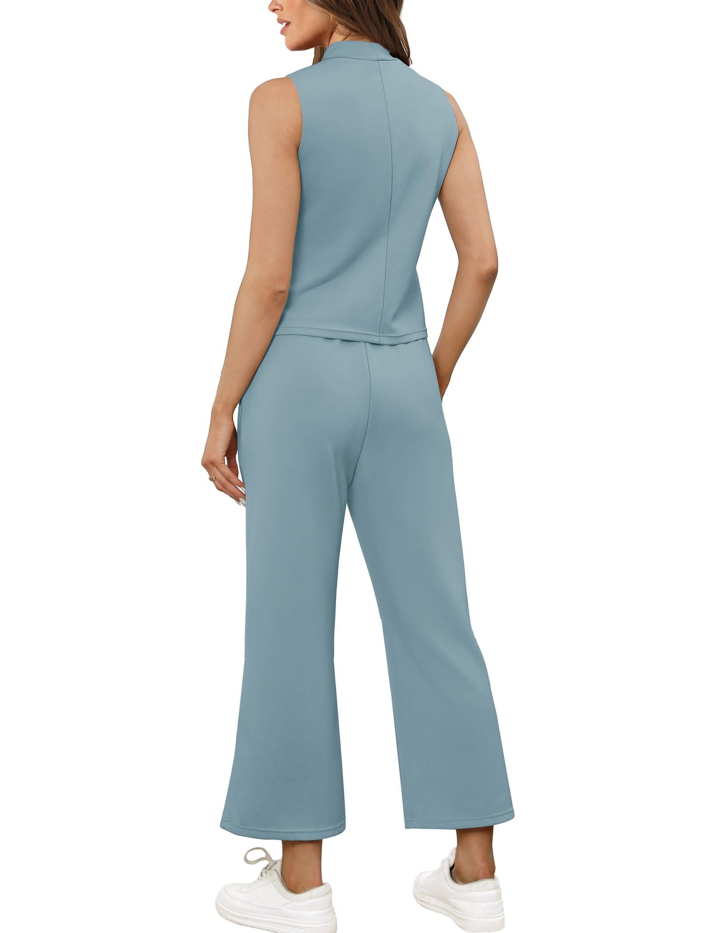 SAMPEEL Two Piece Sets for Women Summer Outfits Lounge Sets Mock Neck Tops Wide Leg Crop Pants Vacation Travel Outfits
