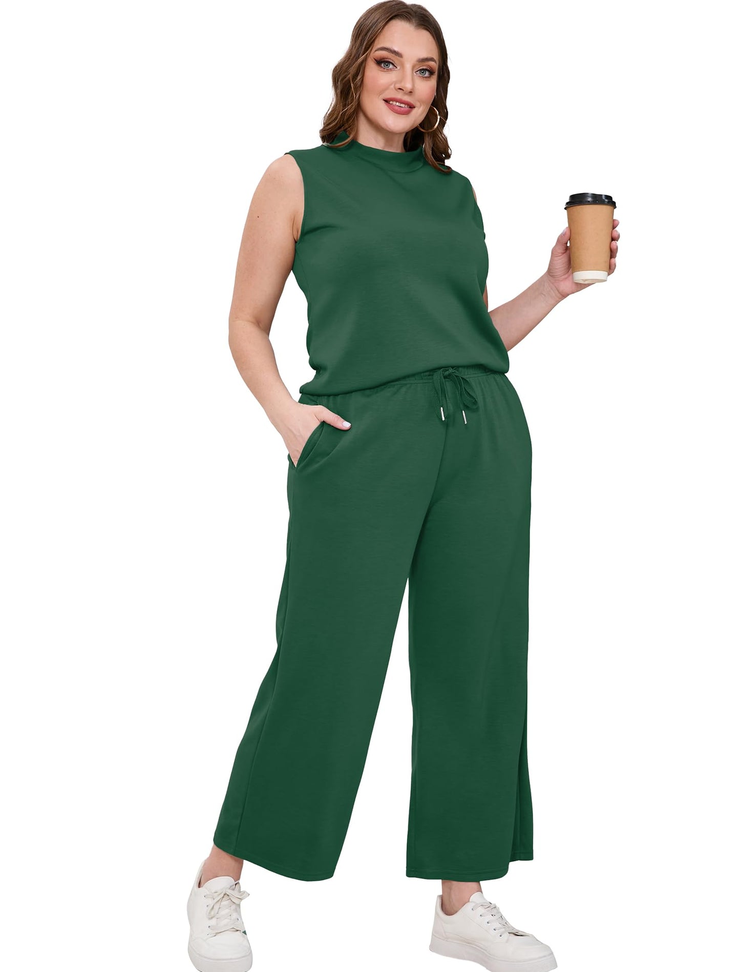 SAMPEEL Two Piece Sets for Women Summer Outfits Lounge Sets Mock Neck Tops Wide Leg Crop Pants Vacation Travel Outfits
