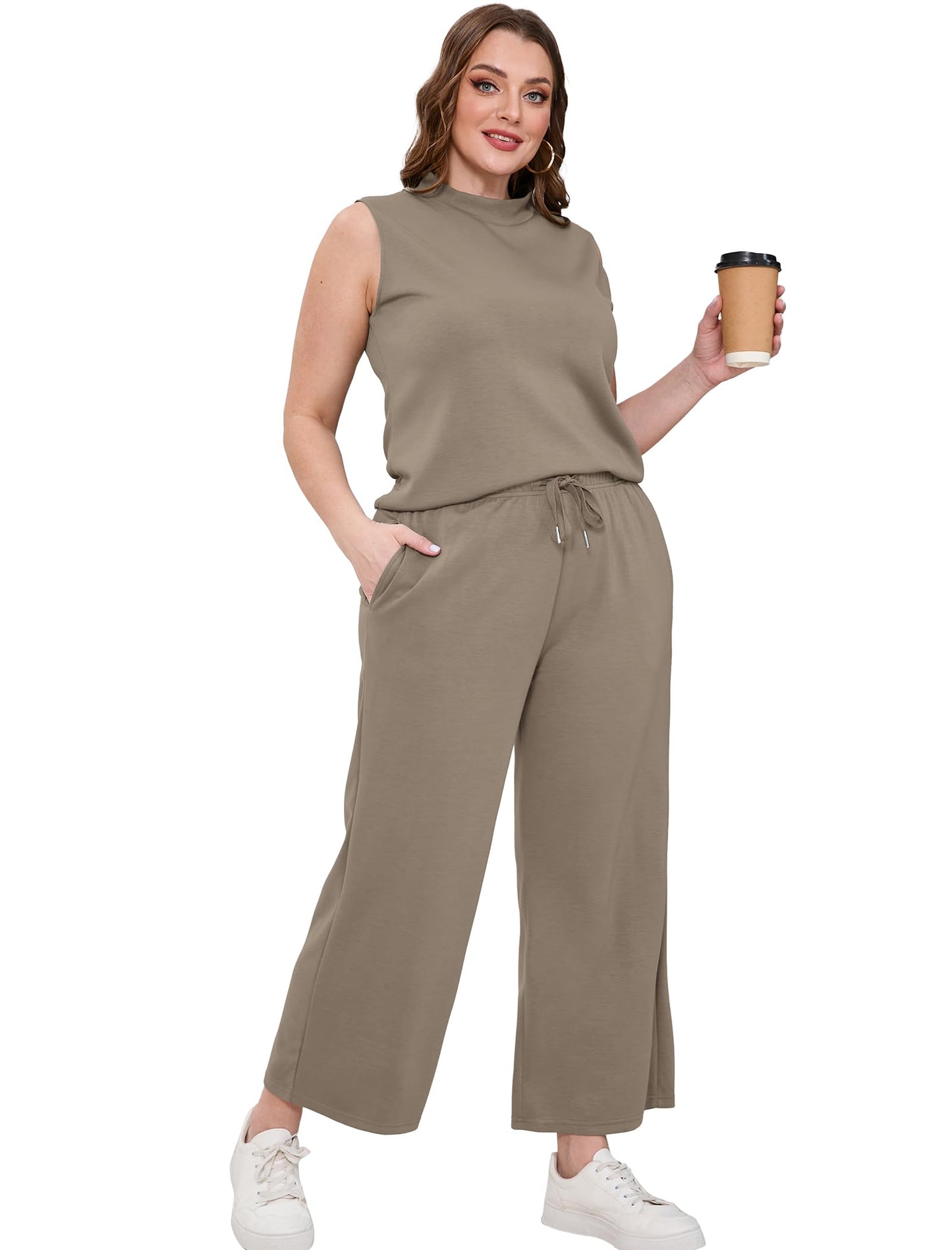 SAMPEEL Two Piece Sets for Women Summer Outfits Lounge Sets Mock Neck Tops Wide Leg Crop Pants Vacation Travel Outfits