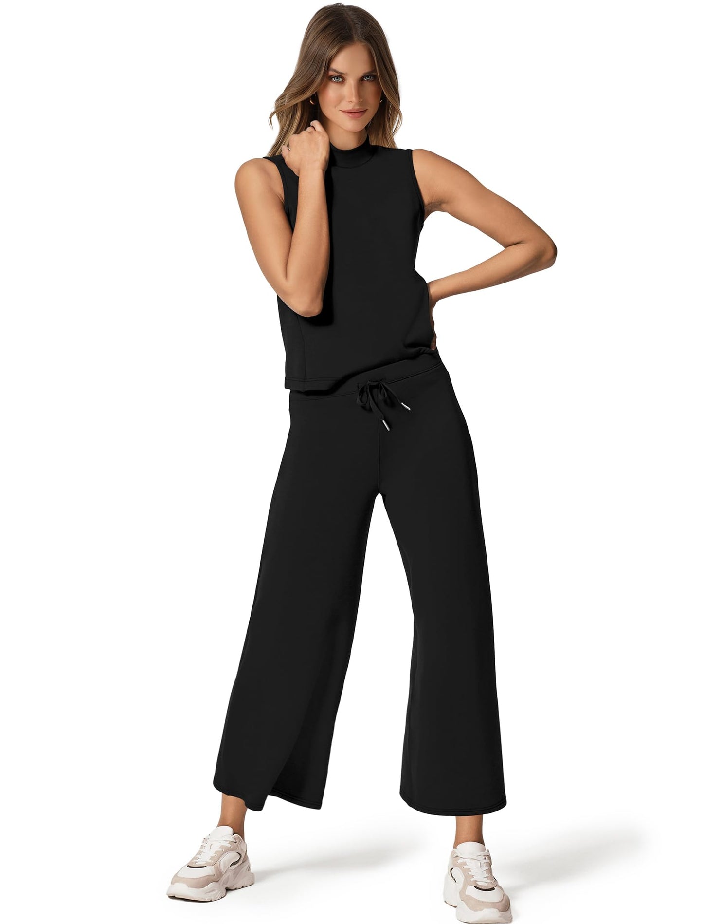 SAMPEEL Two Piece Sets for Women Summer Outfits Lounge Sets Mock Neck Tops Wide Leg Crop Pants Vacation Travel Outfits