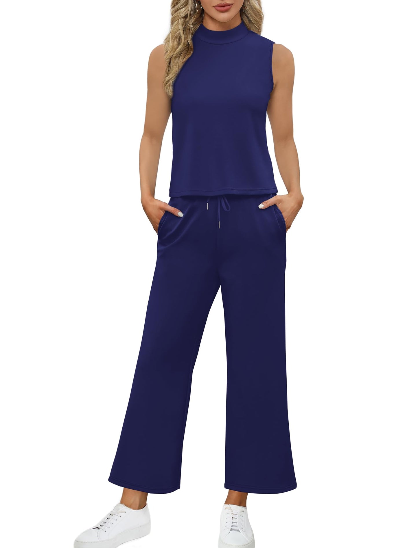 SAMPEEL Two Piece Sets for Women Summer Outfits Lounge Sets Mock Neck Tops Wide Leg Crop Pants Vacation Travel Outfits