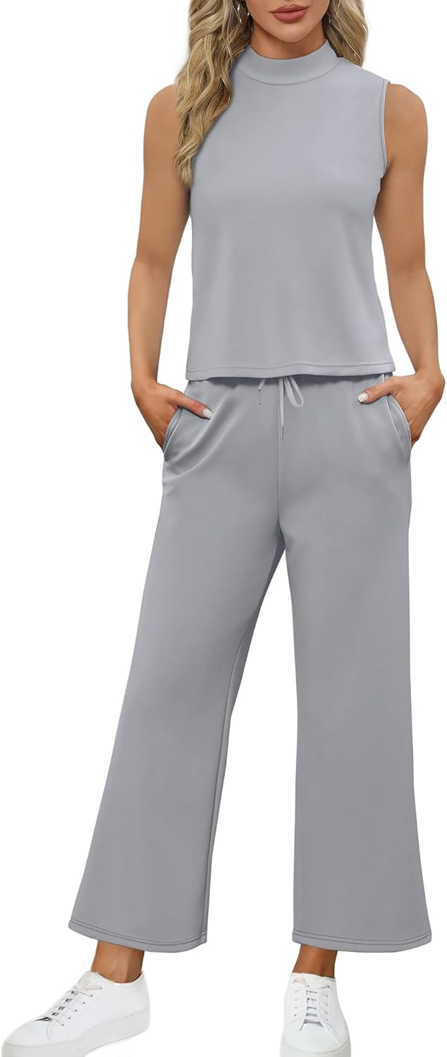 SAMPEEL Two Piece Sets for Women Summer Outfits Lounge Sets Mock Neck Tops Wide Leg Crop Pants Vacation Travel Outfits
