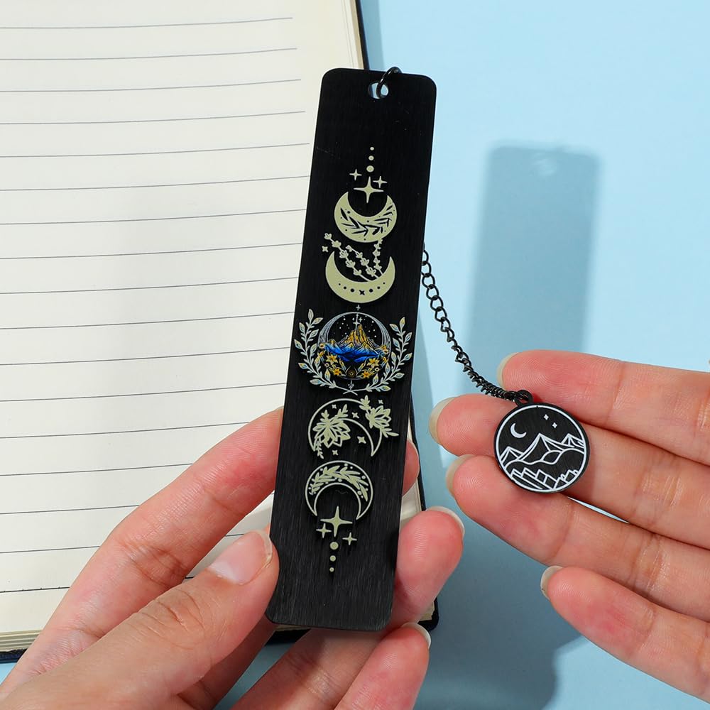 Stainless Steel Acotar Bookmark with Tassel, Acotar Inspirational Creative Moon Mountains Text Book Marks for Reading Women Men Collection, Books Accessories (Silver 1 Side Style 1)
