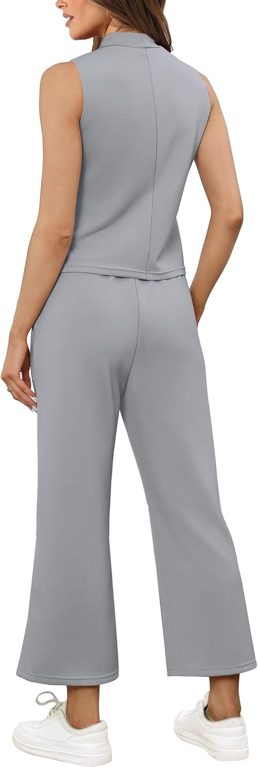SAMPEEL Two Piece Sets for Women Summer Outfits Lounge Sets Mock Neck Tops Wide Leg Crop Pants Vacation Travel Outfits