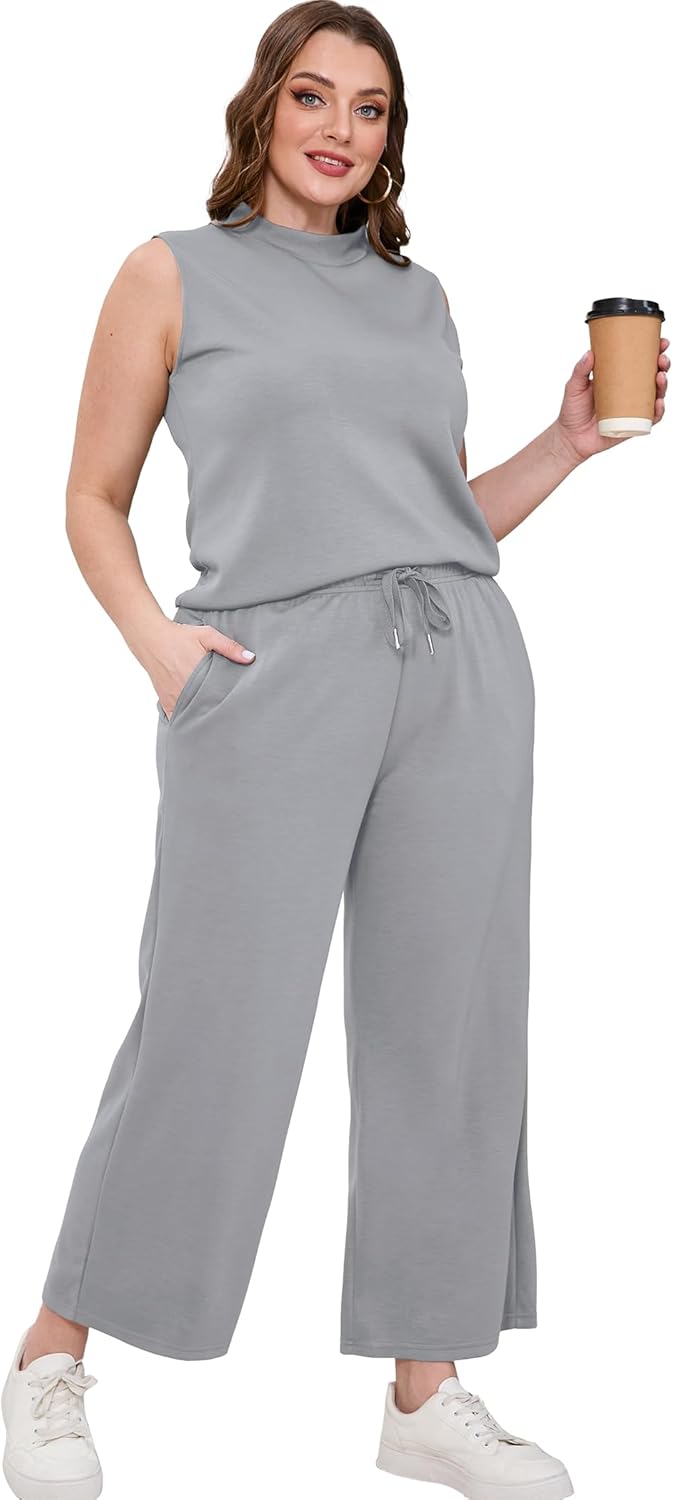 SAMPEEL Two Piece Sets for Women Summer Outfits Lounge Sets Mock Neck Tops Wide Leg Crop Pants Vacation Travel Outfits