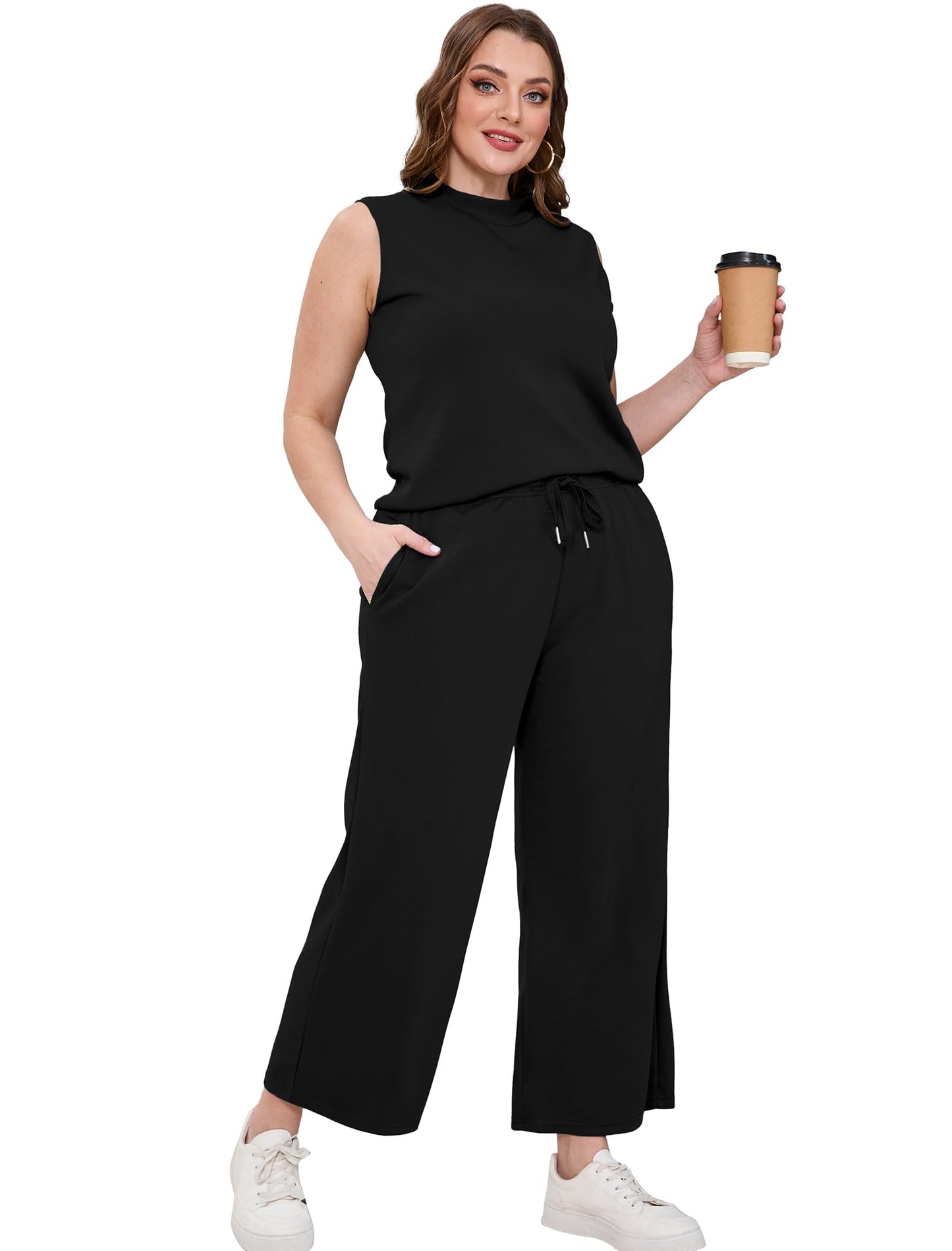 SAMPEEL Two Piece Sets for Women Summer Outfits Lounge Sets Mock Neck Tops Wide Leg Crop Pants Vacation Travel Outfits