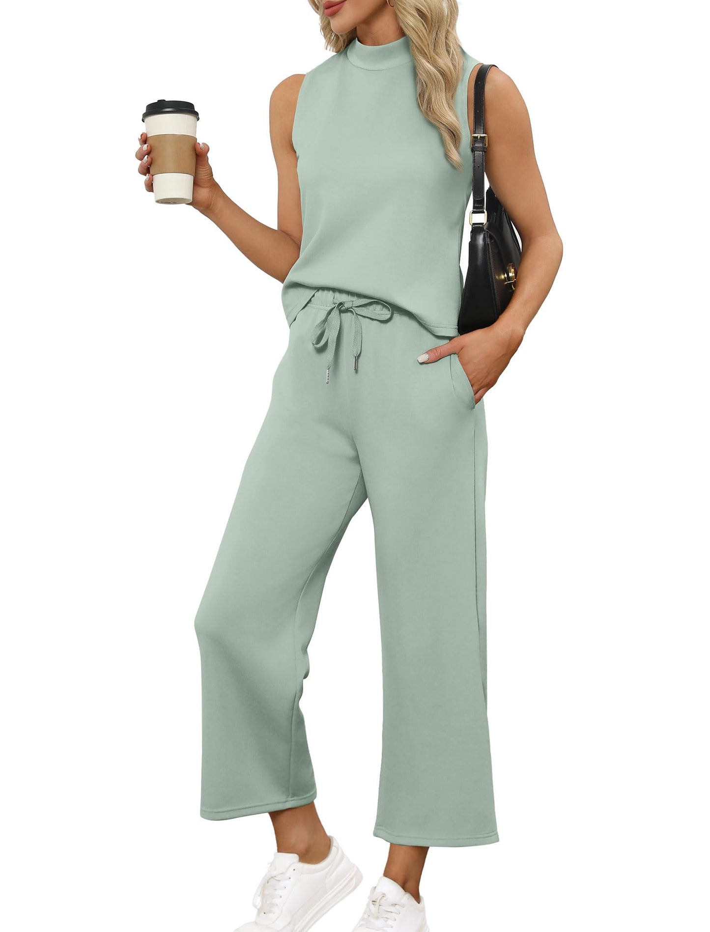 SAMPEEL Two Piece Sets for Women Summer Outfits Lounge Sets Mock Neck Tops Wide Leg Crop Pants Vacation Travel Outfits