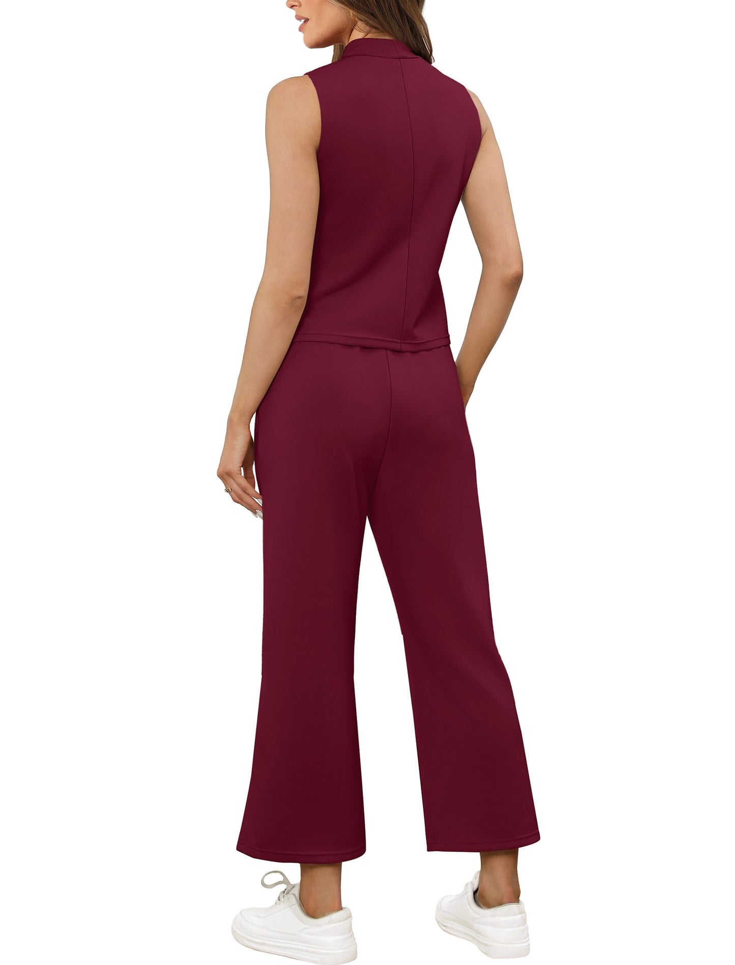 SAMPEEL Two Piece Sets for Women Summer Outfits Lounge Sets Mock Neck Tops Wide Leg Crop Pants Vacation Travel Outfits