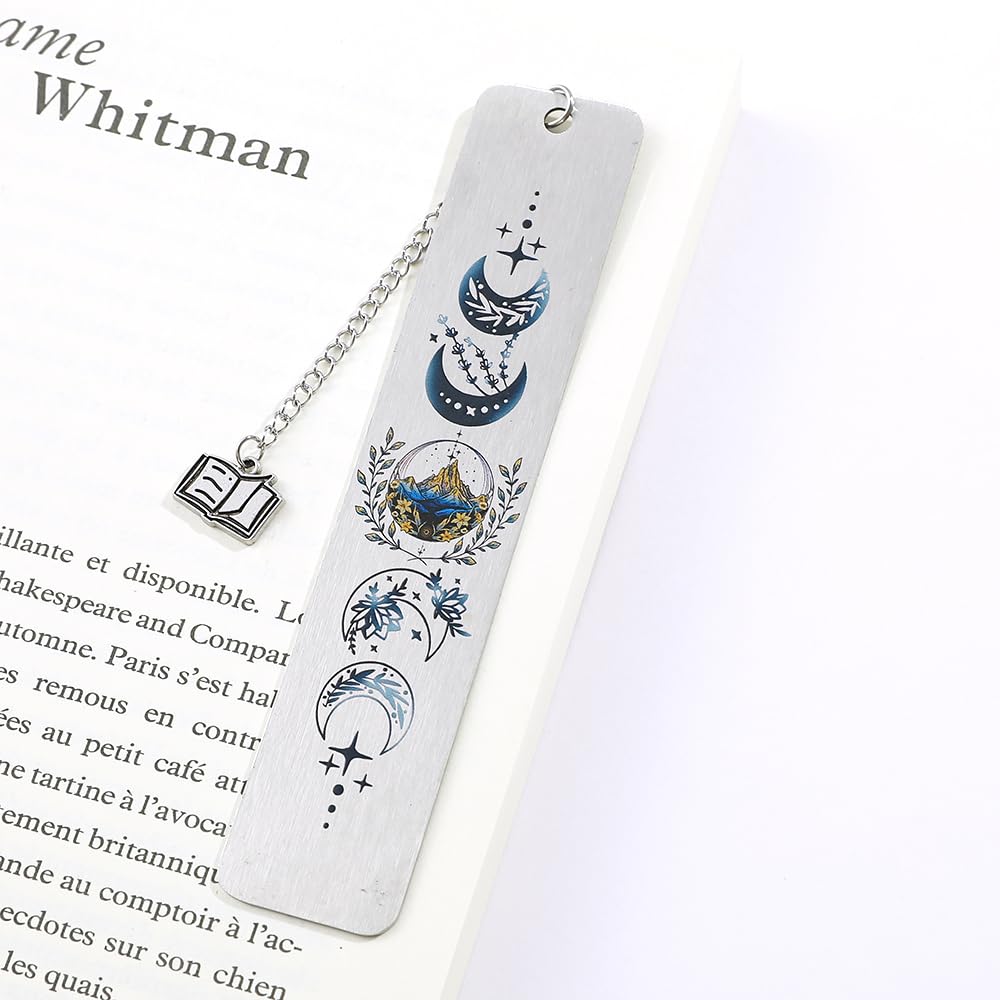 Stainless Steel Acotar Bookmark with Tassel, Acotar Inspirational Creative Moon Mountains Text Book Marks for Reading Women Men Collection, Books Accessories (Silver 1 Side Style 1)