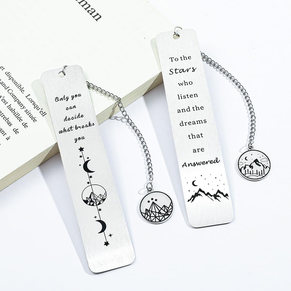 Stainless Steel Acotar Bookmark with Tassel, Acotar Inspirational Creative Moon Mountains Text Book Marks for Reading Women Men Collection, Books Accessories (Silver 1 Side Style 1)