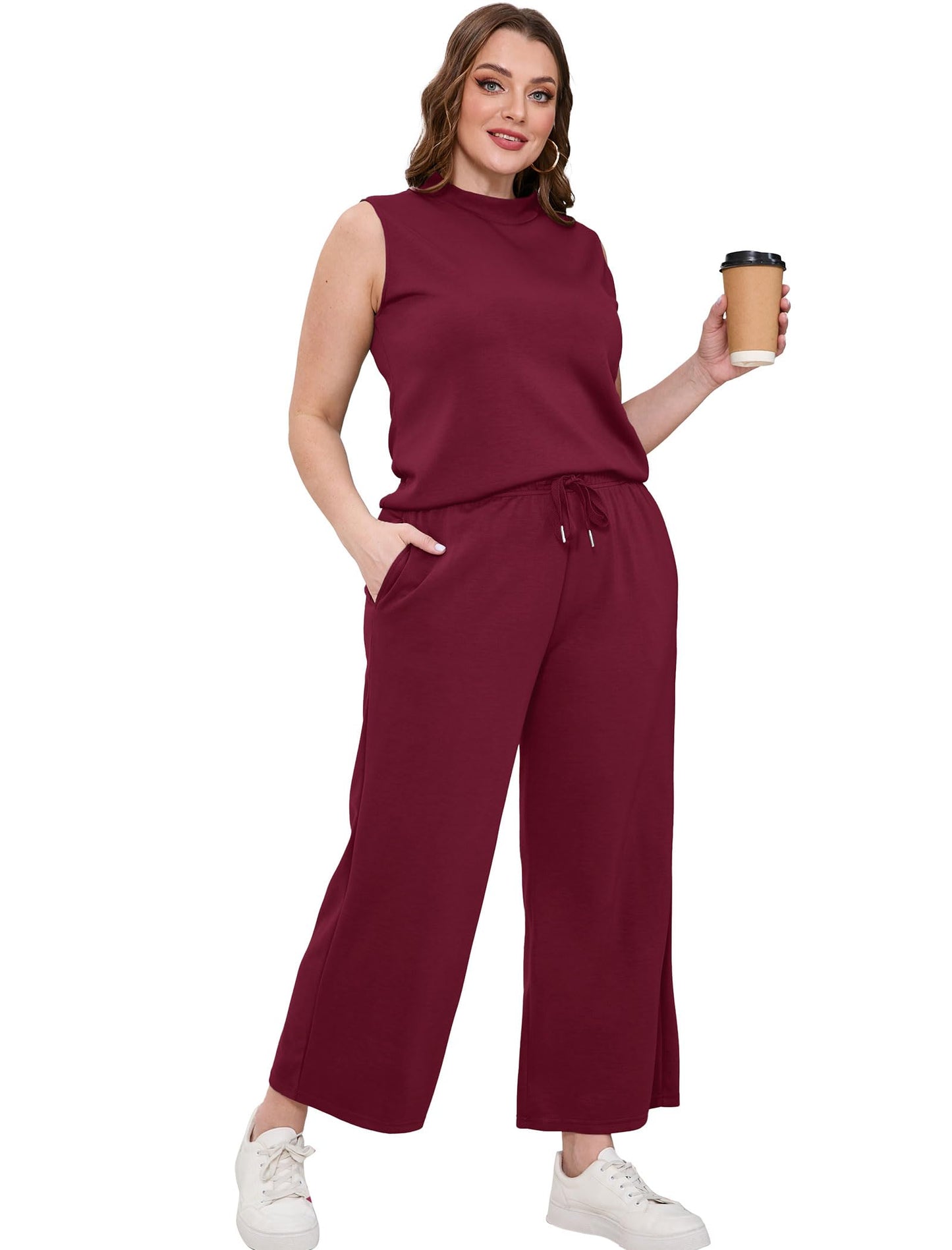 SAMPEEL Two Piece Sets for Women Summer Outfits Lounge Sets Mock Neck Tops Wide Leg Crop Pants Vacation Travel Outfits