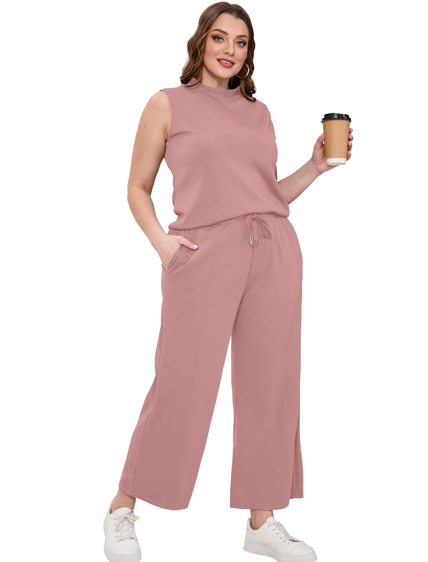 SAMPEEL Two Piece Sets for Women Summer Outfits Lounge Sets Mock Neck Tops Wide Leg Crop Pants Vacation Travel Outfits