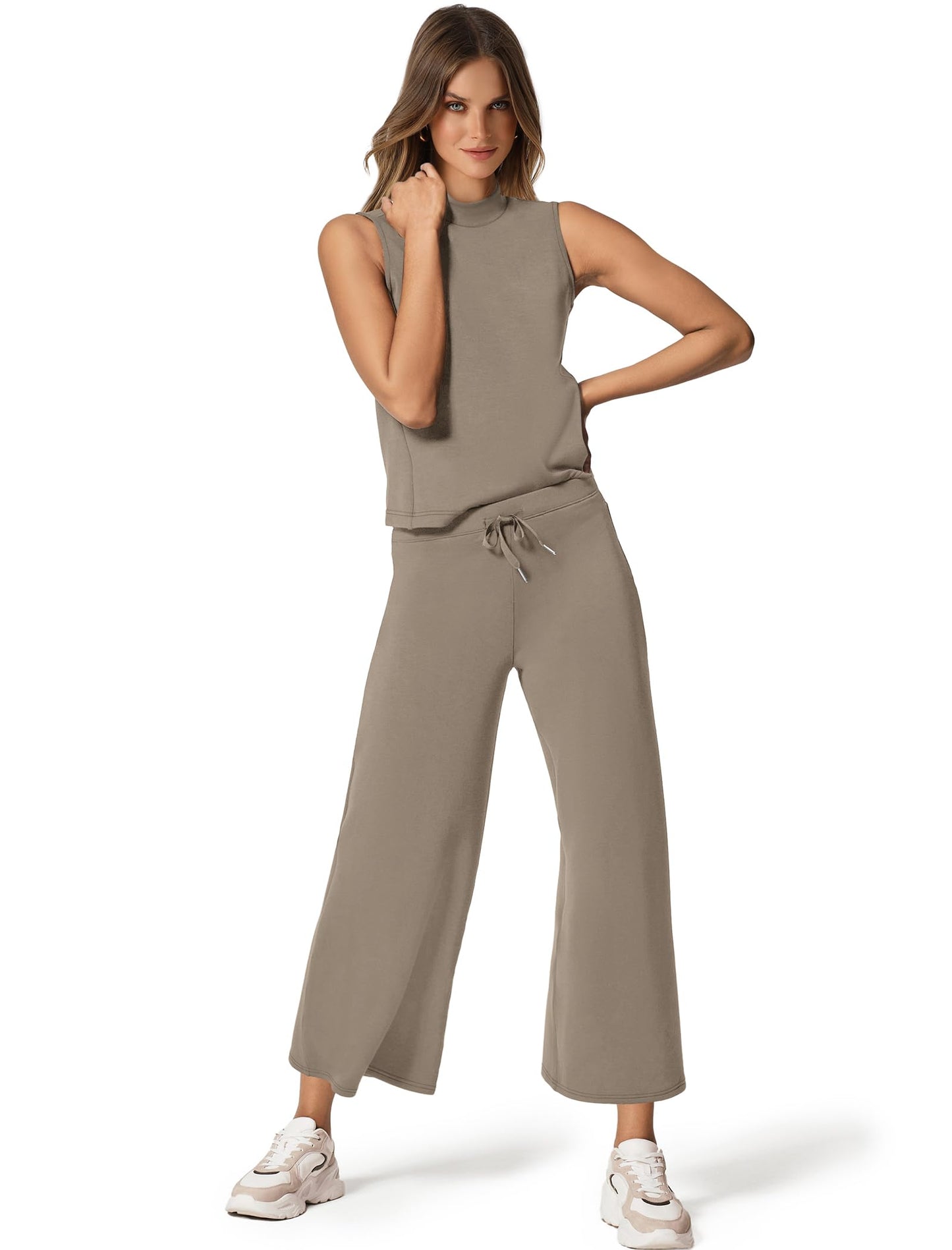SAMPEEL Two Piece Sets for Women Summer Outfits Lounge Sets Mock Neck Tops Wide Leg Crop Pants Vacation Travel Outfits