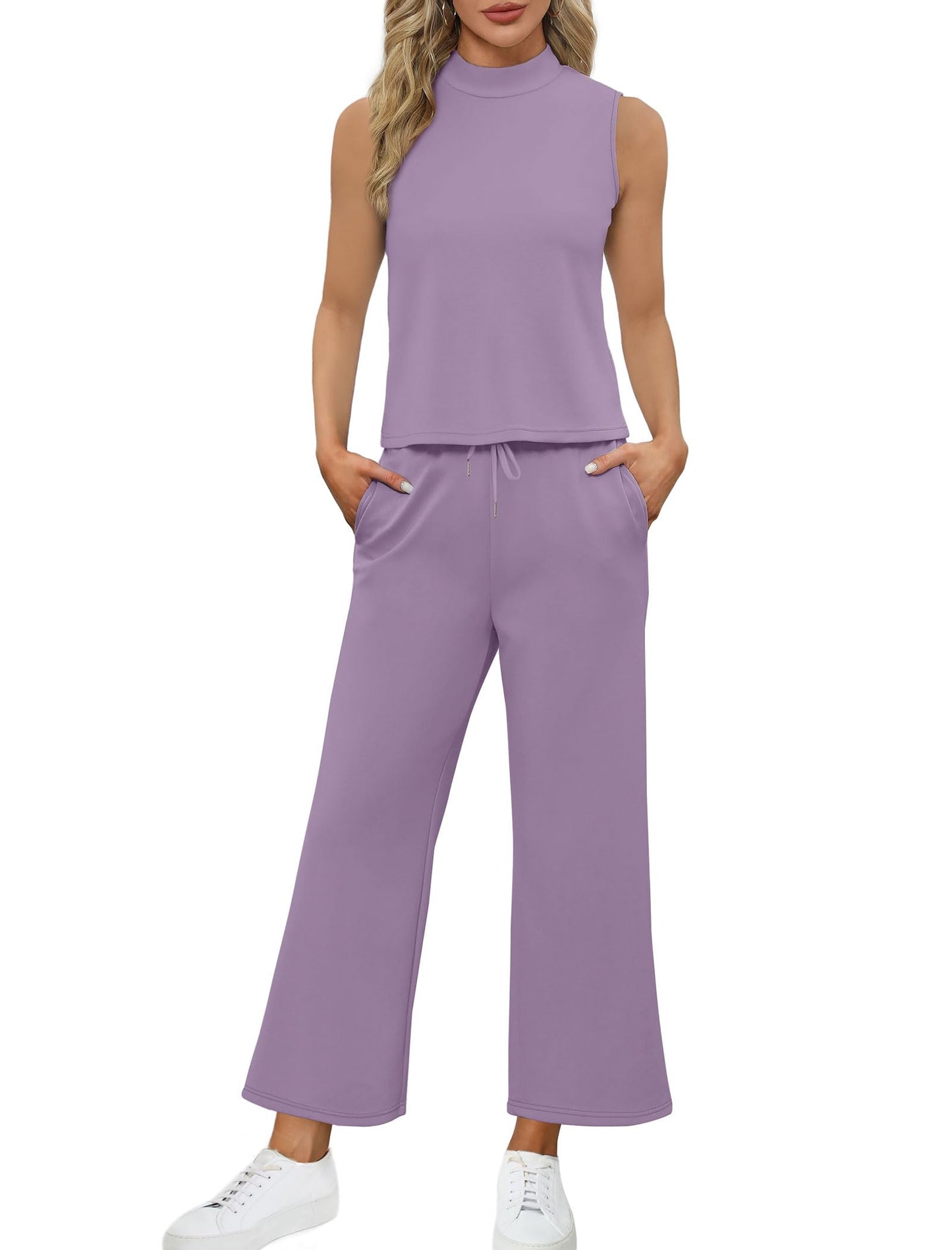 SAMPEEL Two Piece Sets for Women Summer Outfits Lounge Sets Mock Neck Tops Wide Leg Crop Pants Vacation Travel Outfits