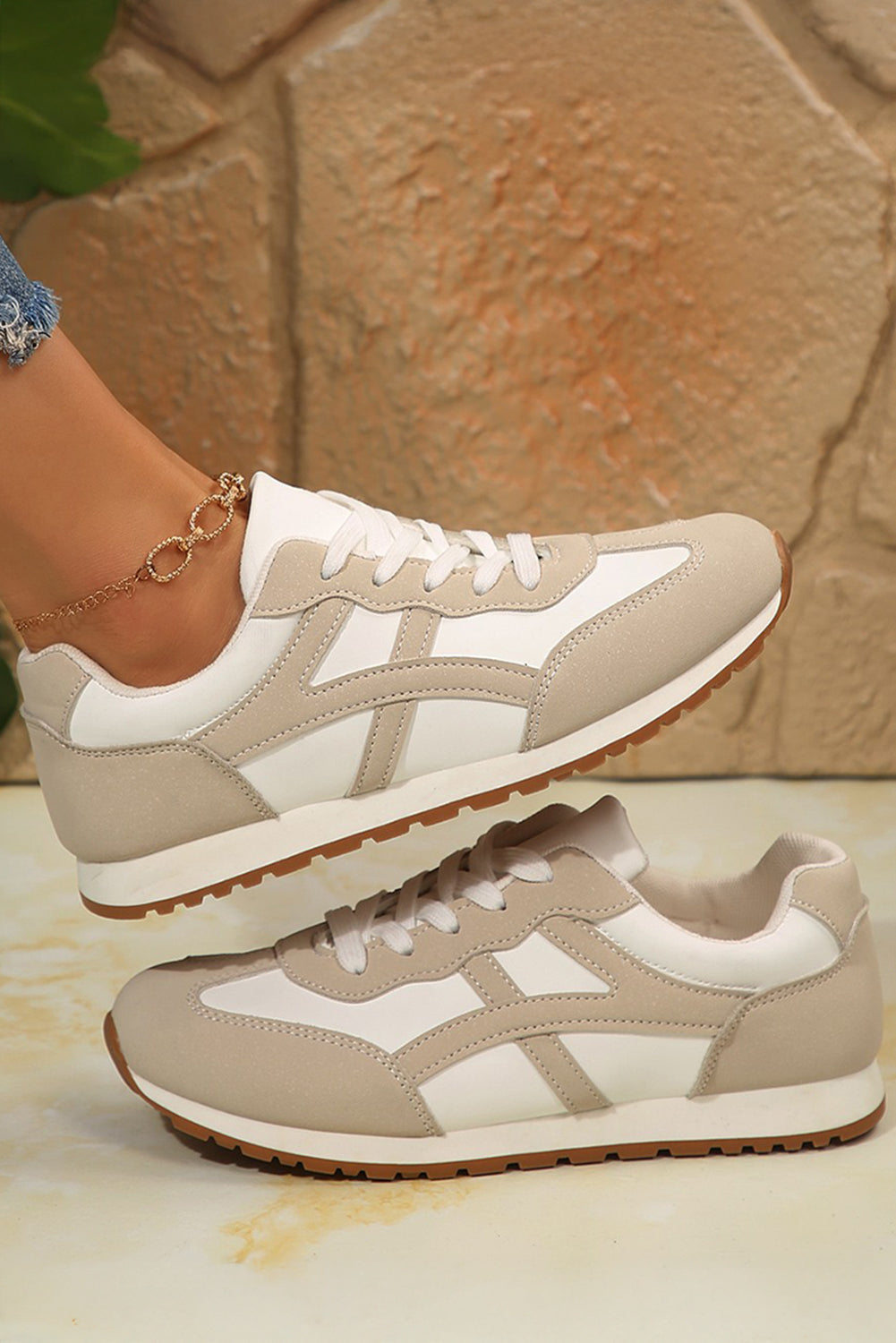 Oatmeal PU Leather Lace Up Round Toe Sneakers Comfort Fit- Preorder now. Ships 9/13