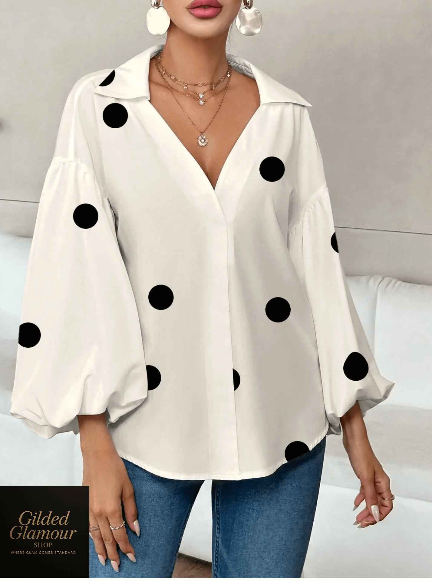 Polka Dot Balloon Sleeve Blouse