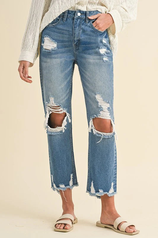 Get the Perfect Edgy Look with Annie Wear's Distressed Raw Hem Cropped Jeans! 💥👖 #FashionGoals #DenimLove