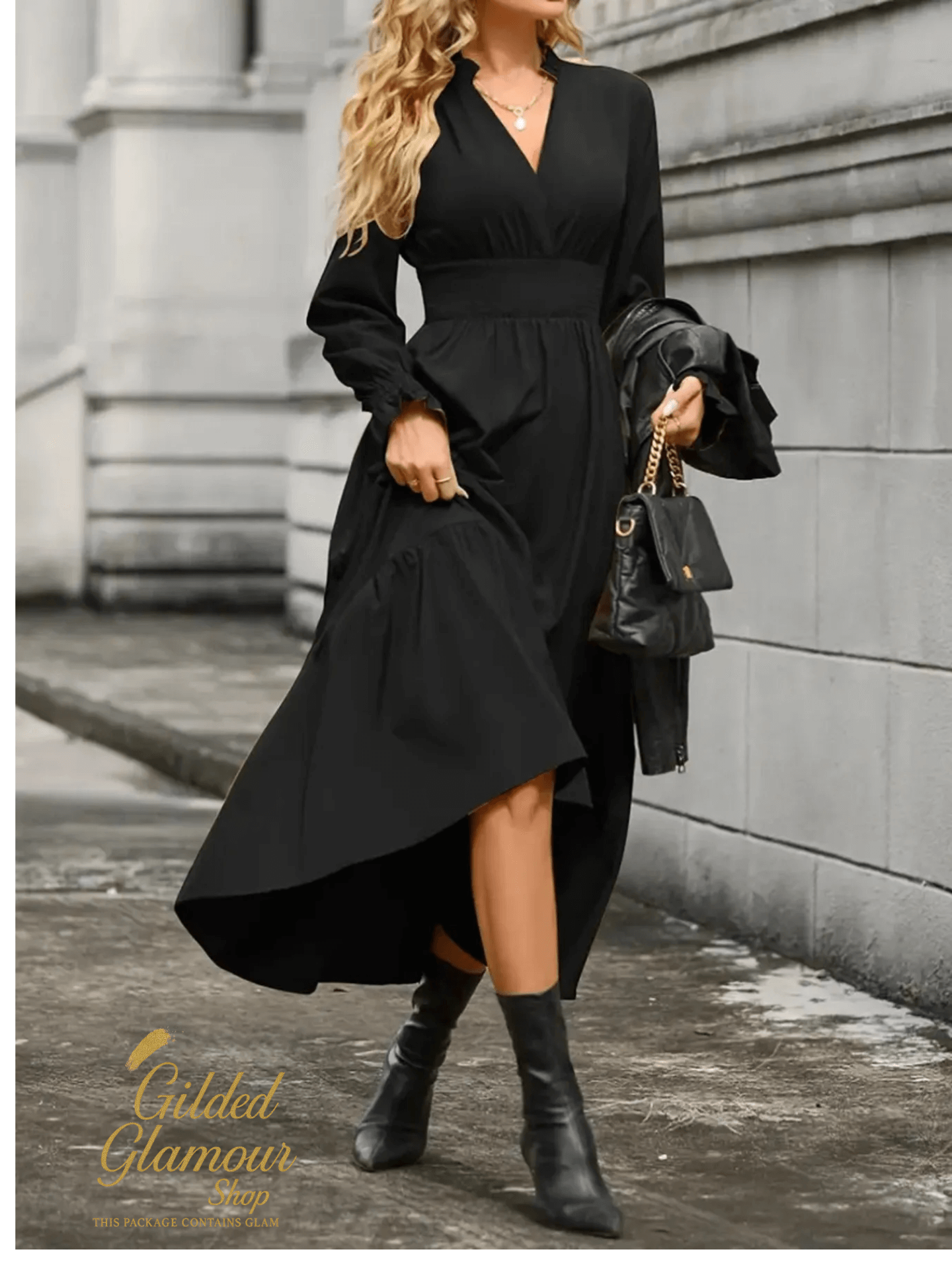 Notched Long Sleeve Tiered Dress