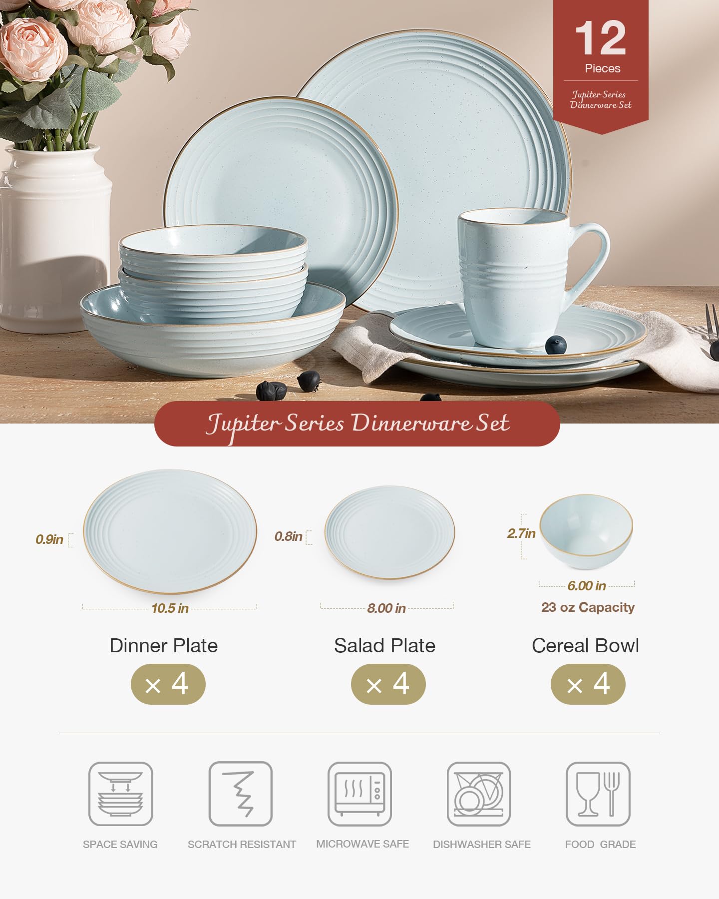 Famiware Jupiter Dinnerware Set, Plates and Bowls Dish Sets for 4 (12 Pieces), Microwave and Dishwasher Safe Stoneware Tableware, Chip and Scratch Resistant, Light Blue