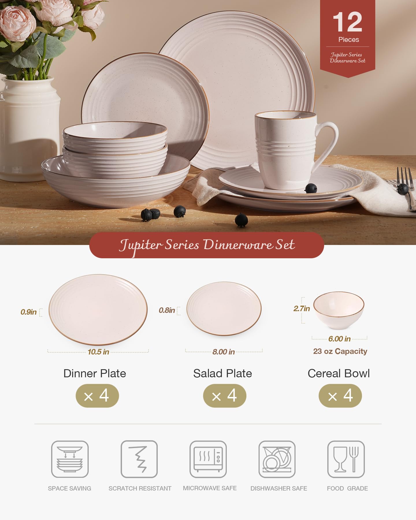 Famiware Jupiter Dinnerware Set, Plates and Bowls Dish Sets for 4 (12 Pieces), Microwave and Dishwasher Safe Stoneware Tableware, Chip and Scratch Resistant, Light Blue