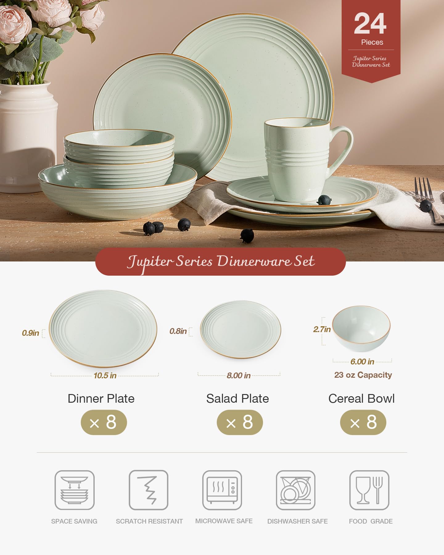 Famiware Jupiter Dinnerware Set, Plates and Bowls Dish Sets for 4 (12 Pieces), Microwave and Dishwasher Safe Stoneware Tableware, Chip and Scratch Resistant, Light Blue