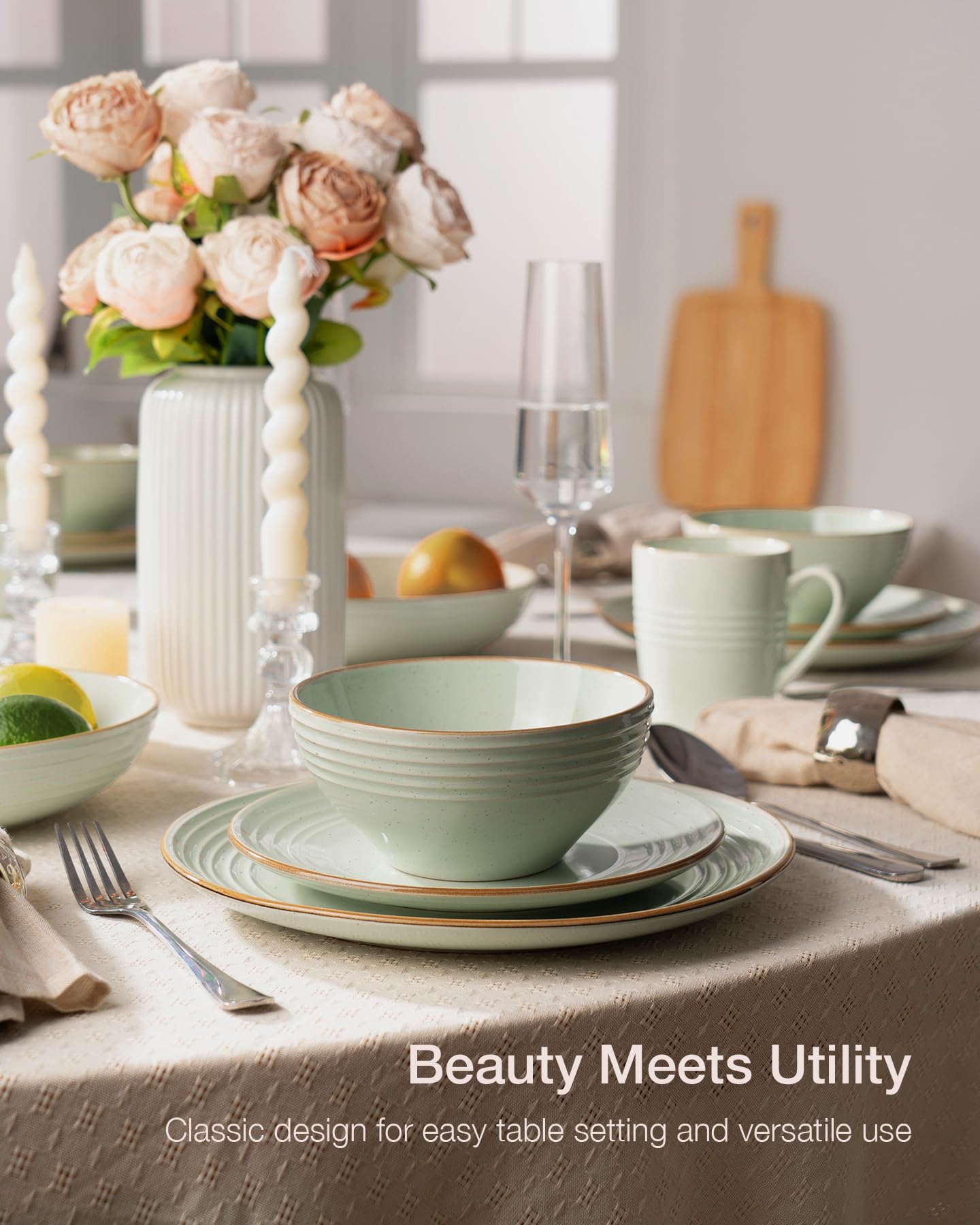 Famiware Jupiter Dinnerware Set, Plates and Bowls Dish Sets for 4 (12 Pieces), Microwave and Dishwasher Safe Stoneware Tableware, Chip and Scratch Resistant, Light Blue