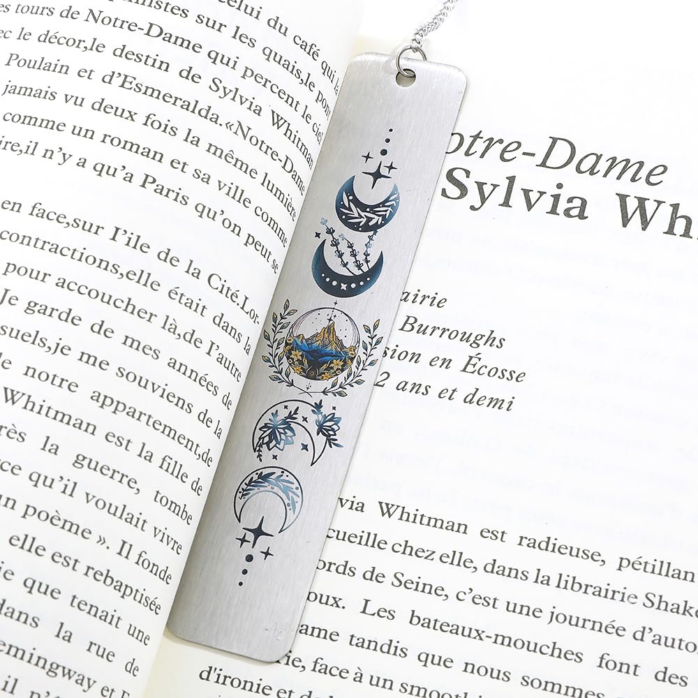 Stainless Steel Acotar Bookmark with Tassel, Acotar Inspirational Creative Moon Mountains Text Book Marks for Reading Women Men Collection, Books Accessories (Silver 1 Side Style 1)