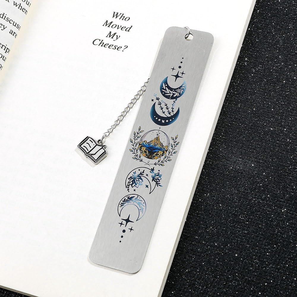 Stainless Steel Acotar Bookmark with Tassel, Acotar Inspirational Creative Moon Mountains Text Book Marks for Reading Women Men Collection, Books Accessories (Silver 1 Side Style 1)