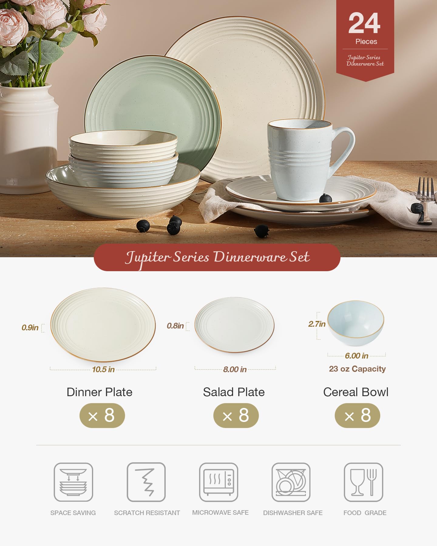 Famiware Jupiter Dinnerware Set, Plates and Bowls Dish Sets for 4 (12 Pieces), Microwave and Dishwasher Safe Stoneware Tableware, Chip and Scratch Resistant, Light Blue