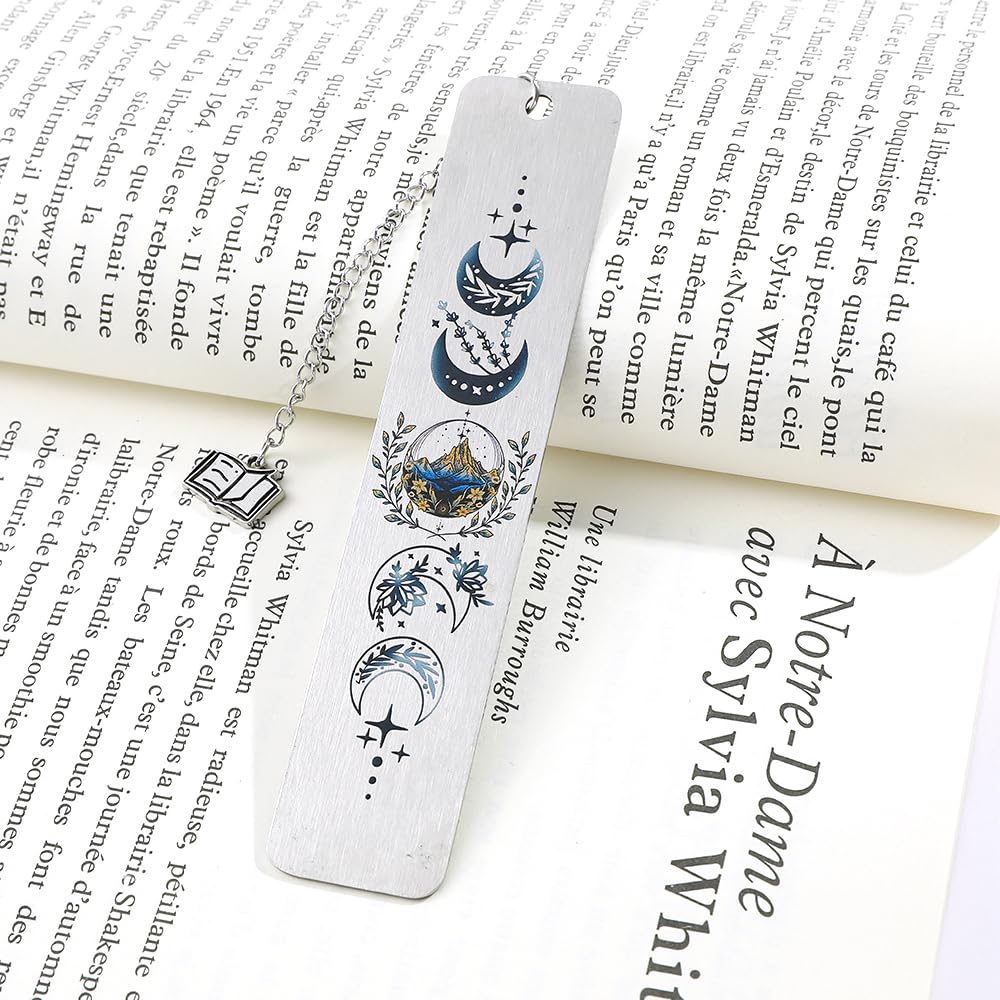 Stainless Steel Acotar Bookmark with Tassel, Acotar Inspirational Creative Moon Mountains Text Book Marks for Reading Women Men Collection, Books Accessories (Silver 1 Side Style 1)