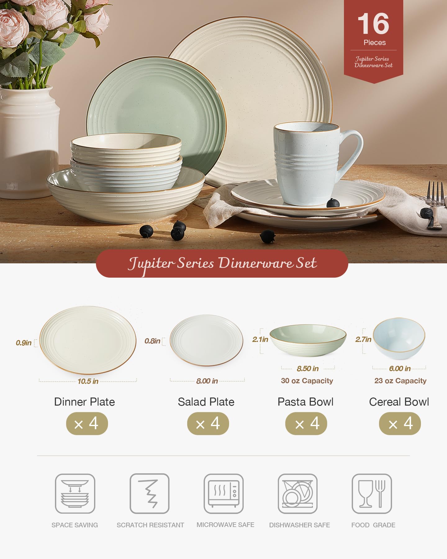 Famiware Jupiter Dinnerware Set, Plates and Bowls Dish Sets for 4 (12 Pieces), Microwave and Dishwasher Safe Stoneware Tableware, Chip and Scratch Resistant, Light Blue