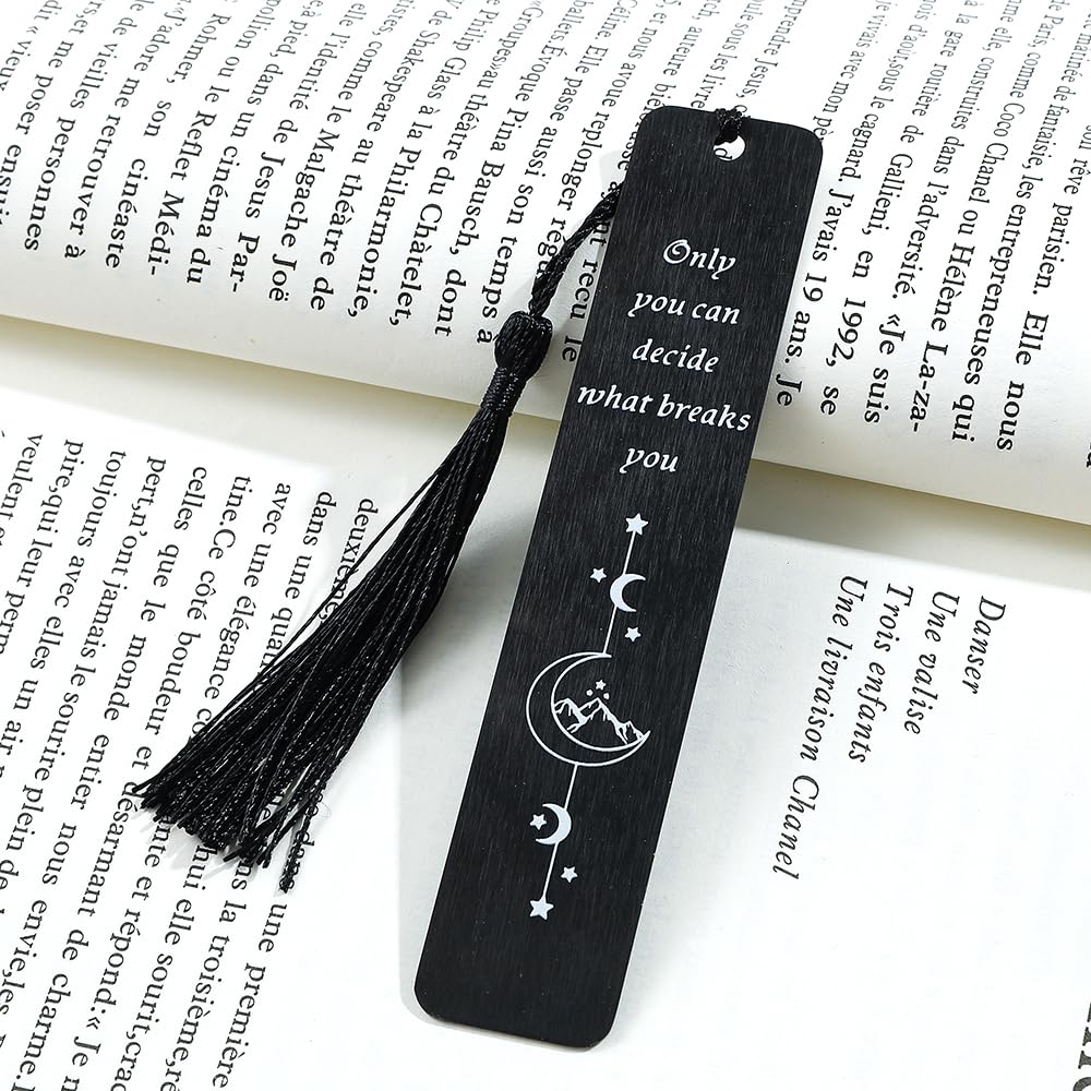 Stainless Steel Acotar Bookmark with Tassel, Acotar Inspirational Creative Moon Mountains Text Book Marks for Reading Women Men Collection, Books Accessories (Silver 1 Side Style 1)