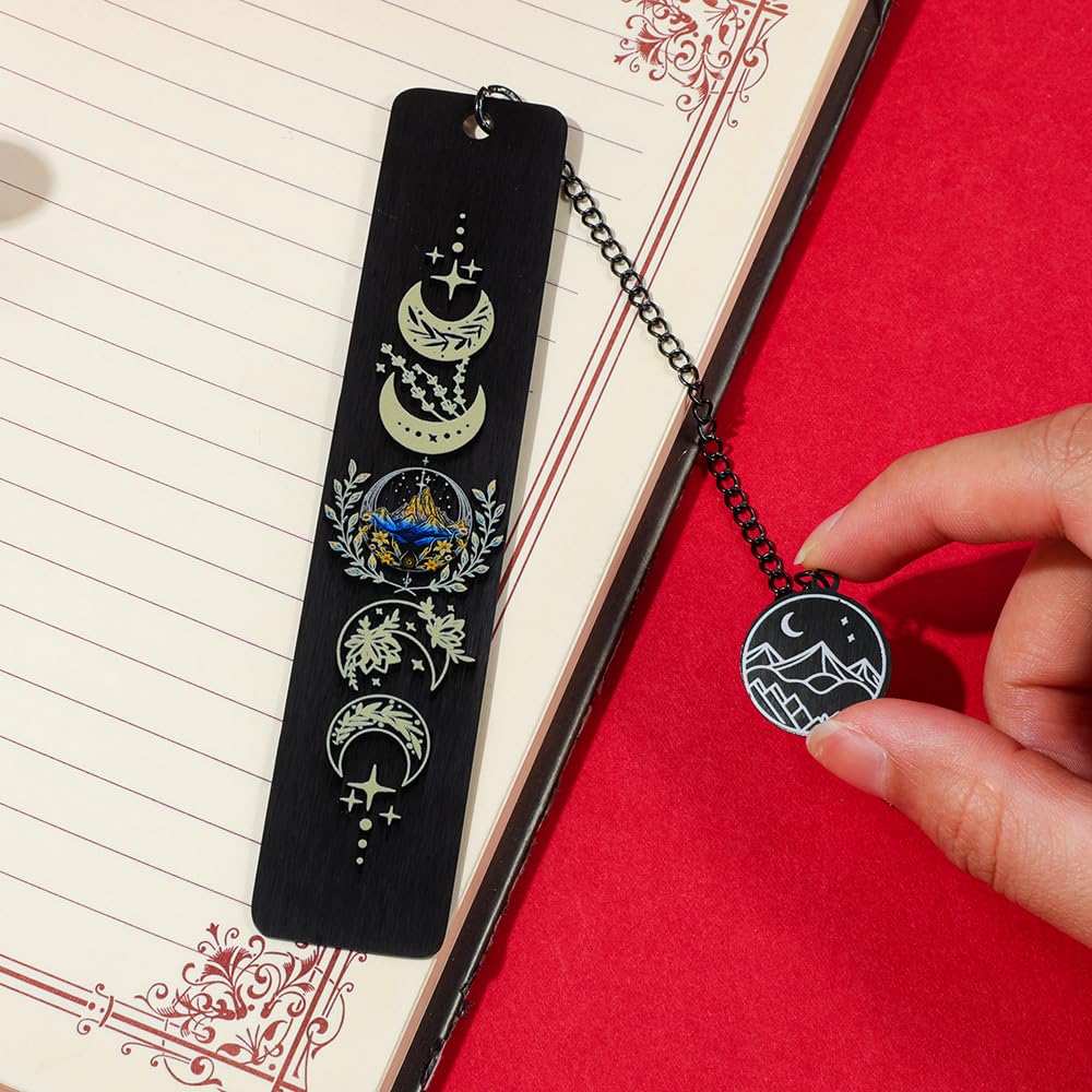 Stainless Steel Acotar Bookmark with Tassel, Acotar Inspirational Creative Moon Mountains Text Book Marks for Reading Women Men Collection, Books Accessories (Silver 1 Side Style 1)