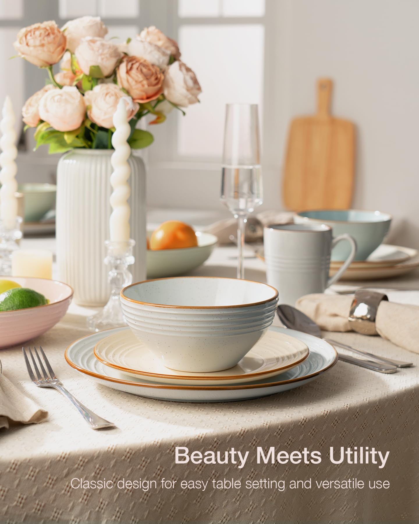 Famiware Jupiter Dinnerware Set, Plates and Bowls Dish Sets for 4 (12 Pieces), Microwave and Dishwasher Safe Stoneware Tableware, Chip and Scratch Resistant, Light Blue