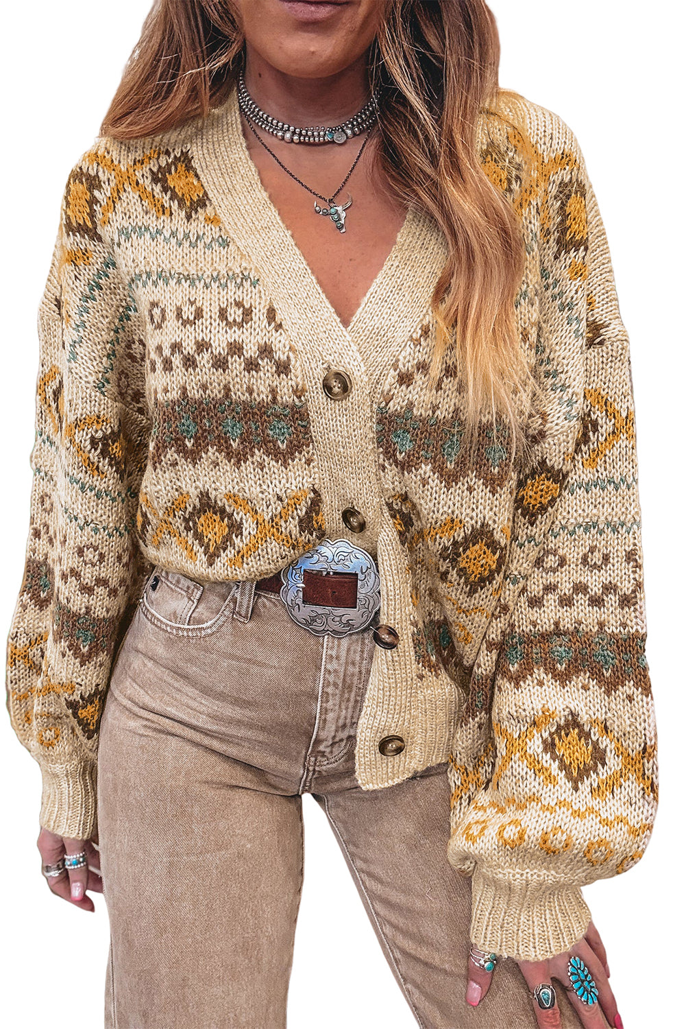Khaki Geometric Button V Neck Cardigan Bishop Sleeves