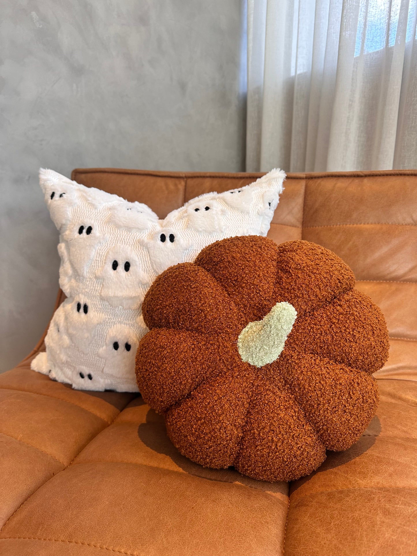 Jumbo Sherpa Pumpkin Pillow Burnt Orange Sage Green Stem