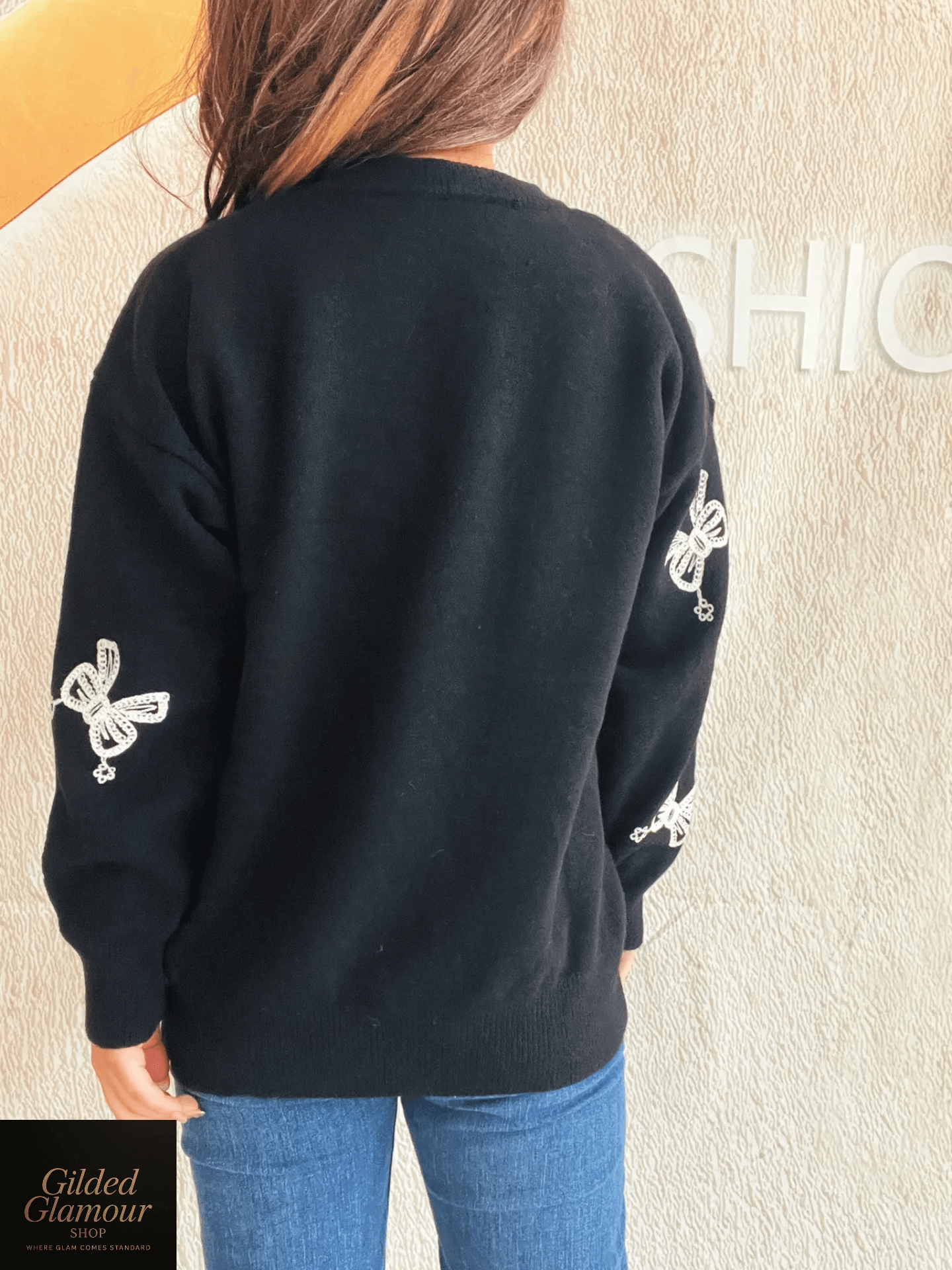 Bow Round Neck Long Sleeve Knit Sweater Womens Pullover