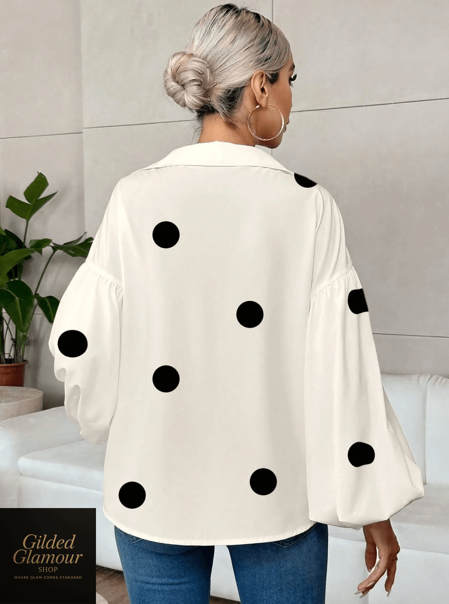 Polka Dot Balloon Sleeve Blouse